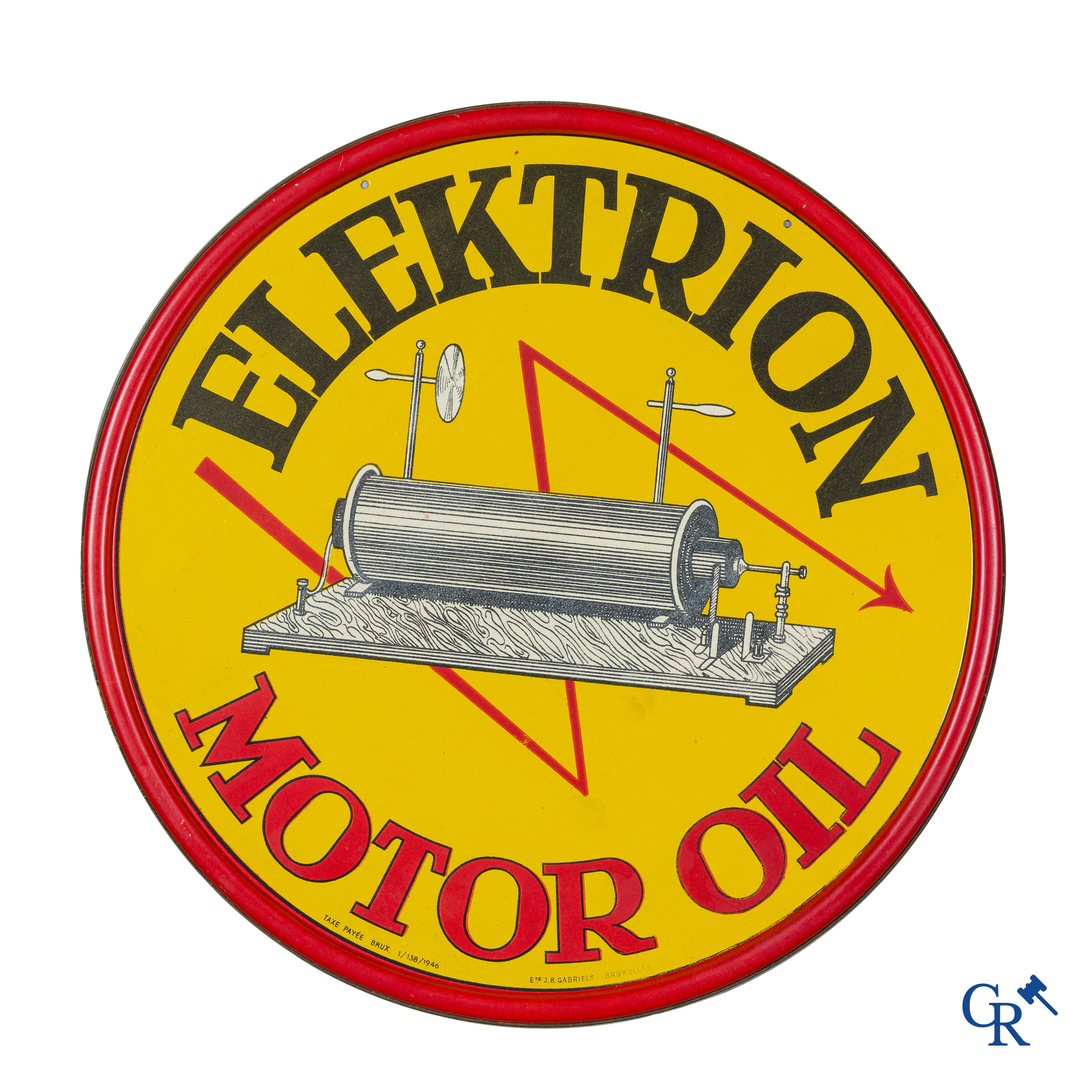 Elektrion Motor Oil, Publiciteit voor motor olie, beschilderd blik. Ets. J.B. Gabriels Brussel. 1946.