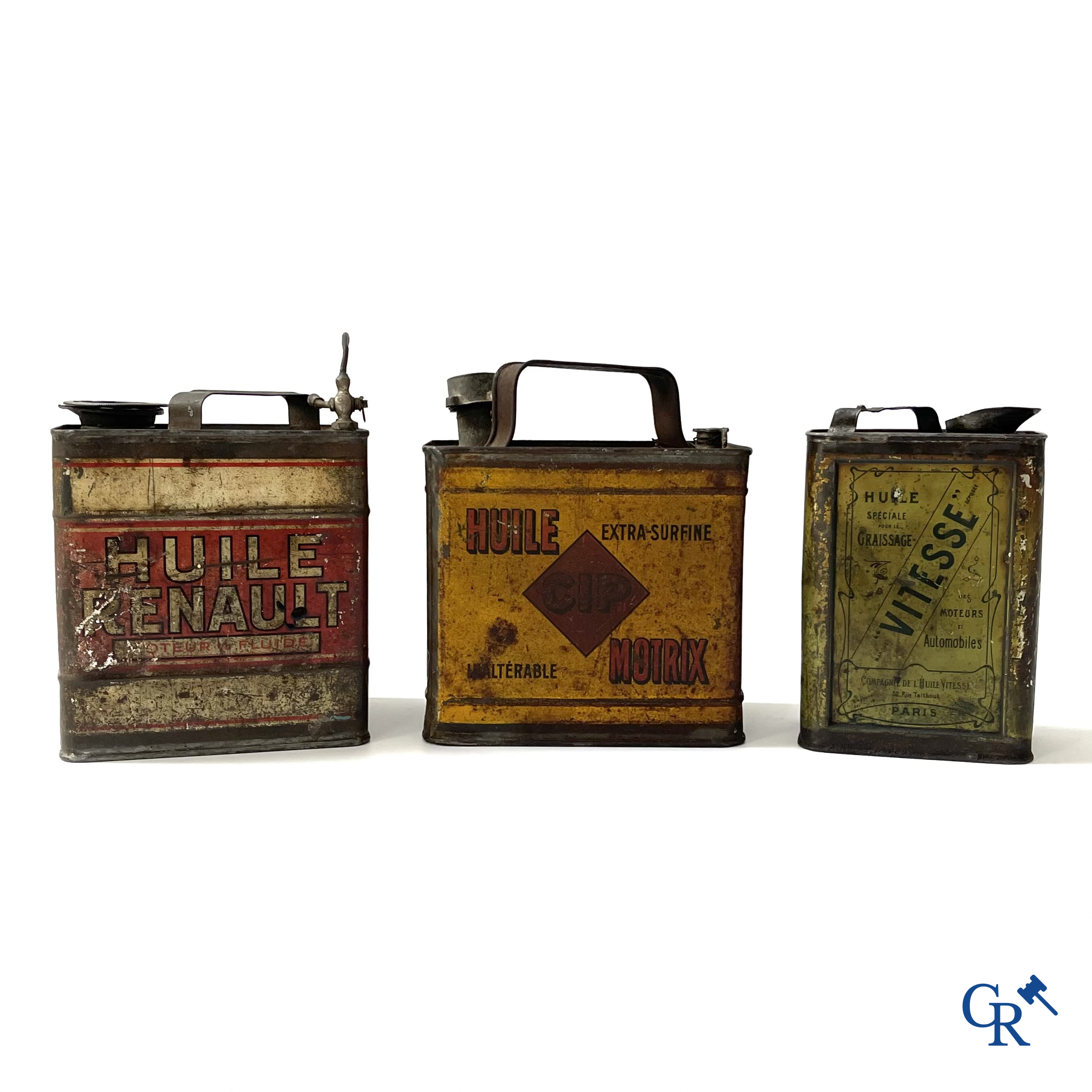 Automobilia. 3 vroege olieblikken voor motorolie. Huile Renault, Huile CIP Motrix, Huile Vitesse. Circa 1920.
