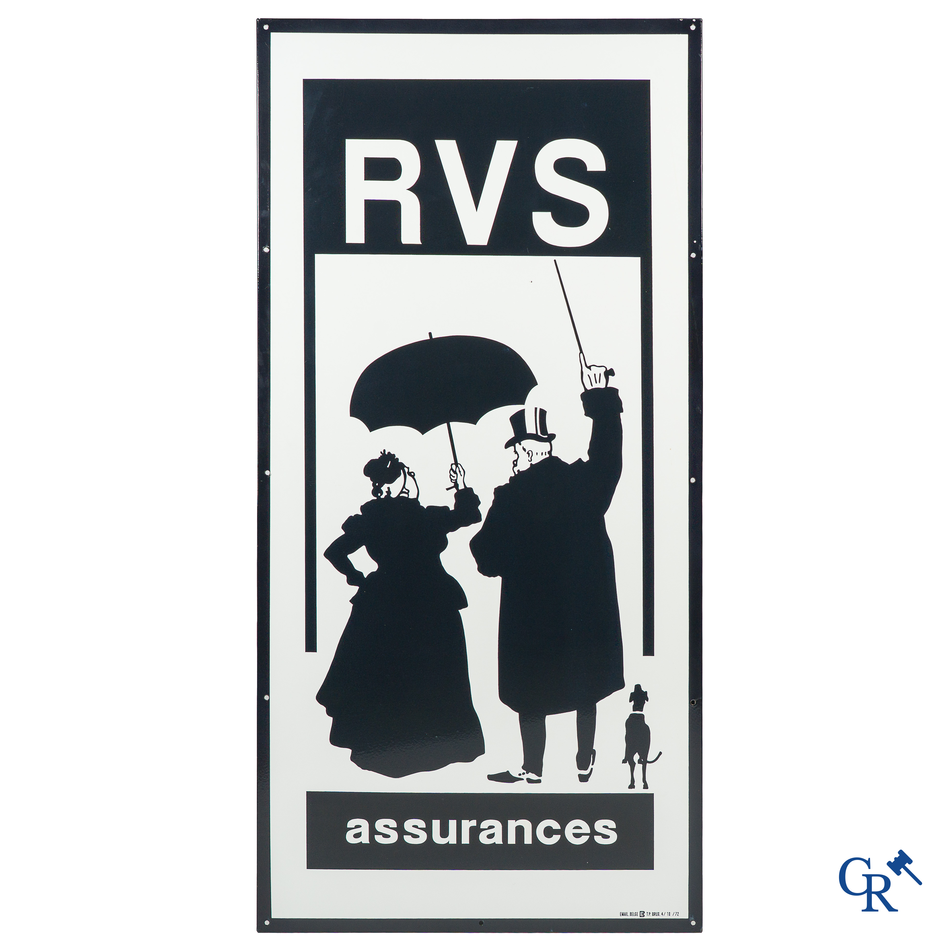 RVS, groot emaille reclamebord voor de Rotterdamse Verzekerings Sociëteit. Emaillerie Belge TP Brux. 4/18/72.