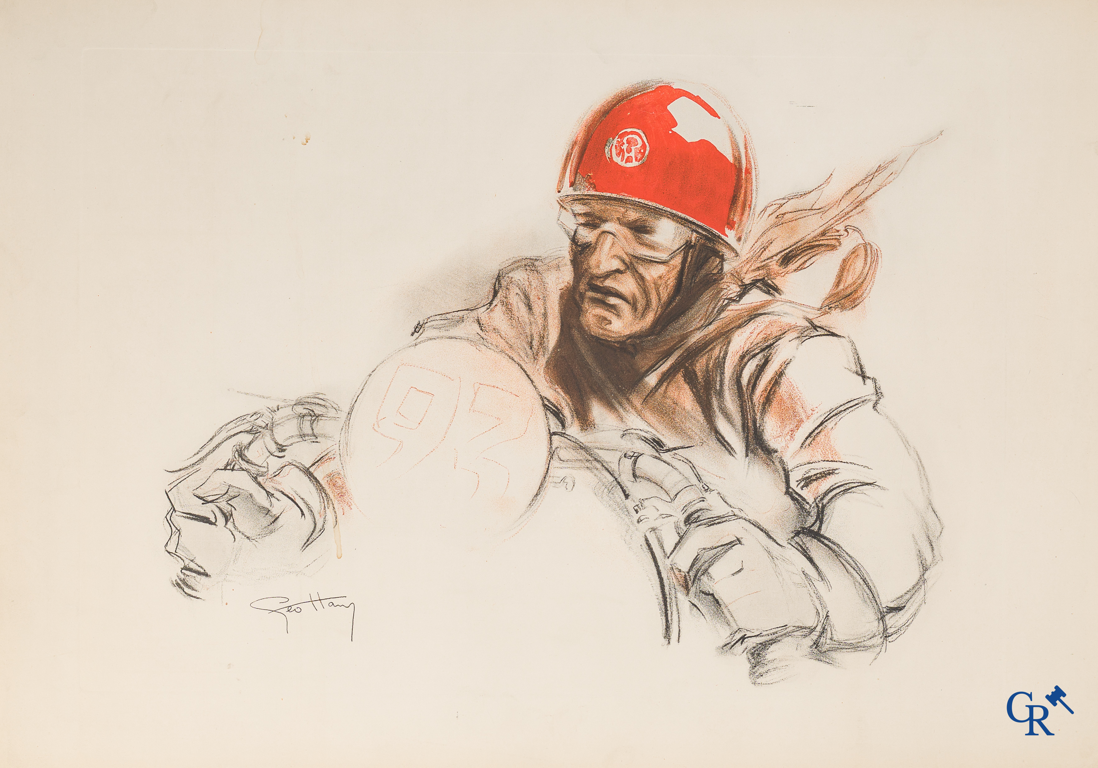 Géo Ham, Georges Hamel (1900-1972) Pilote au casque rouge. Originele kleuren lithografie.