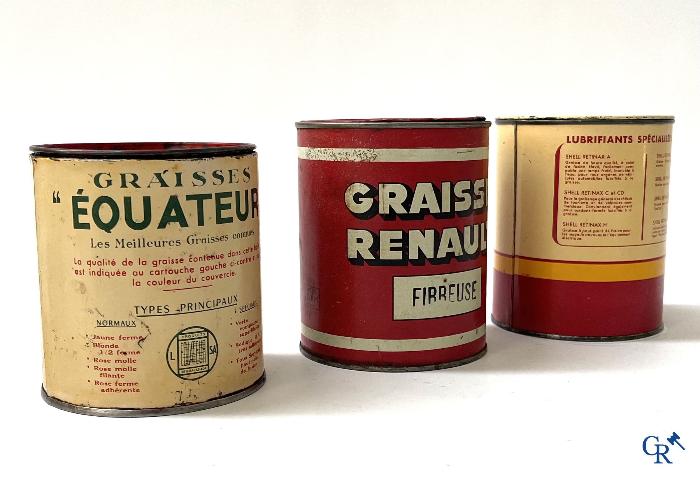 Automobilia. 6 blikken voor autosmering. Graisse Renault, Equateur, Motorine Veedol, Hamelin, Shell. Jaren '50.