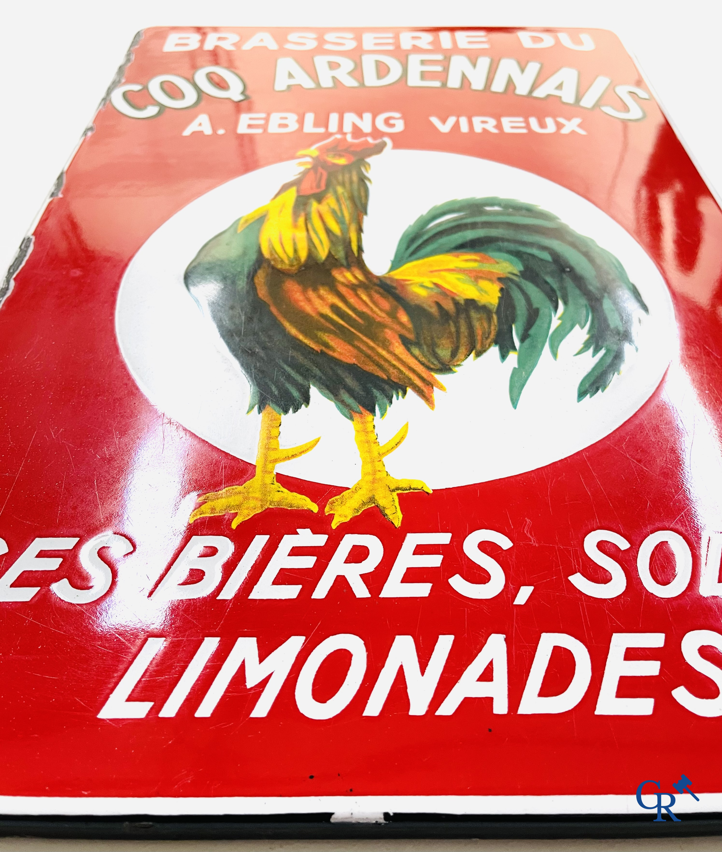 Brasserie du Coq Ardennais, Origineel reclamebord voor bieren, sodas en limonades van brasserie Ebling à Vireux.