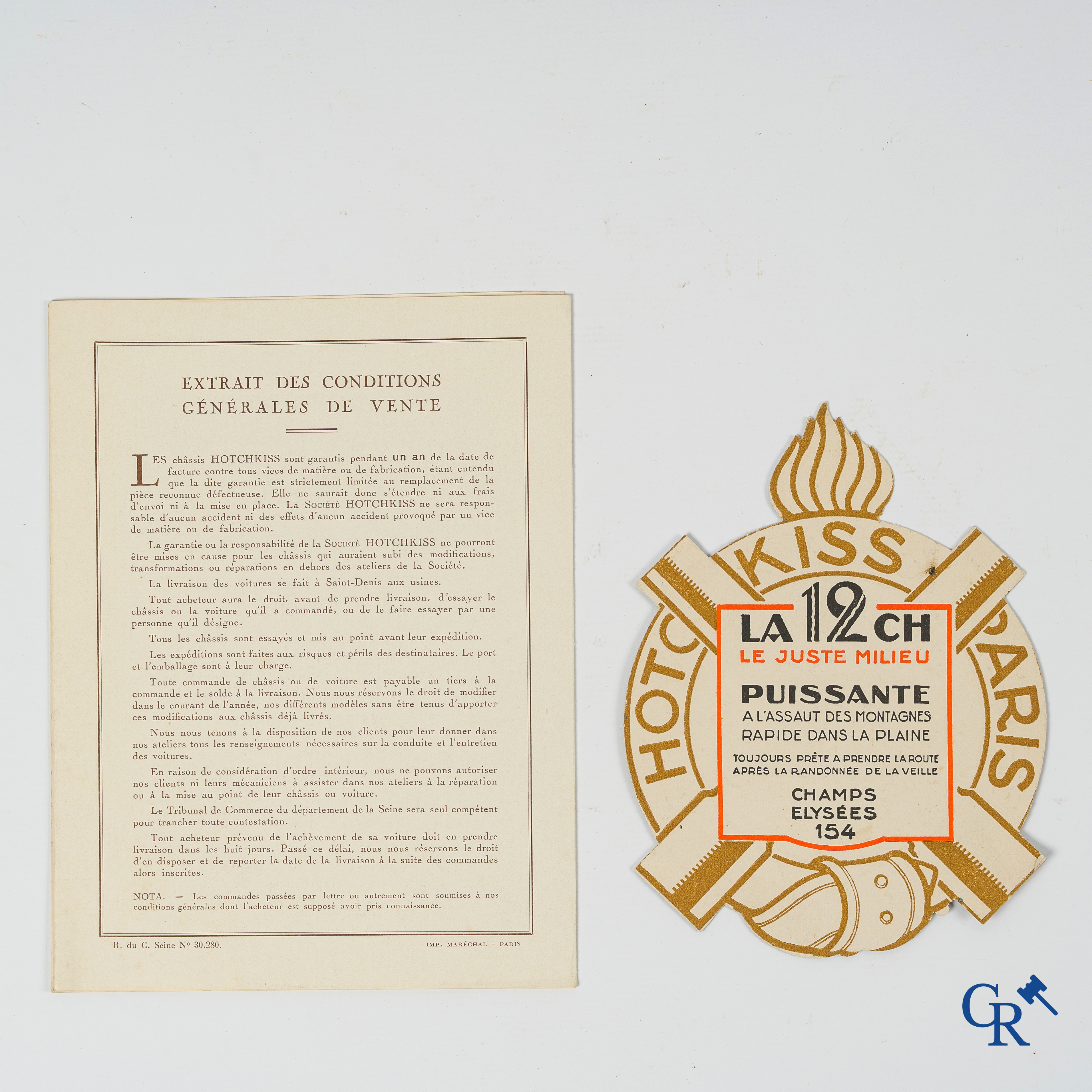Alexis Kow voor Hotchkiss. Publiciteitsfolder met prijslijst voor de Hotchkiss 12 CH en een embleem. 1925.