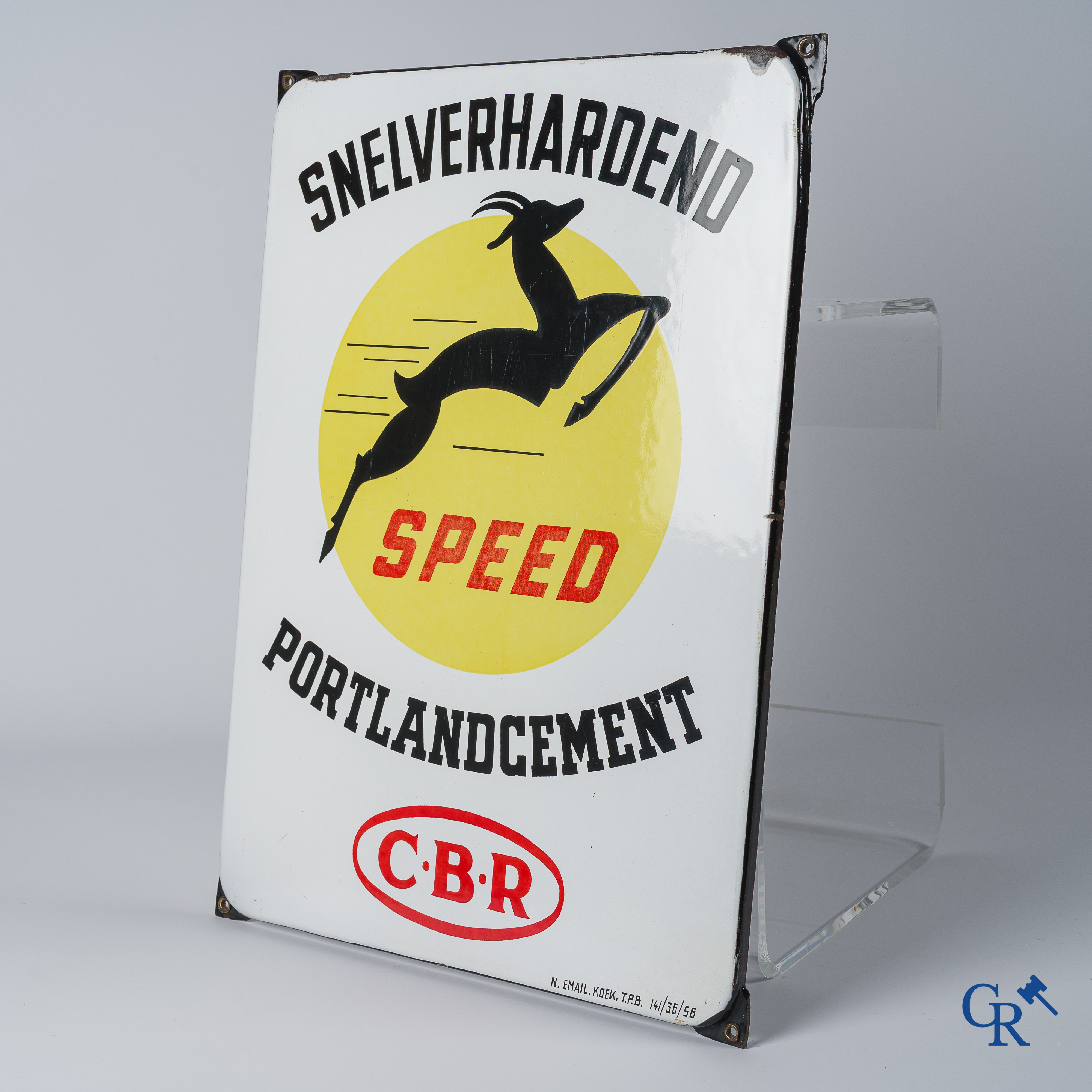 Speed, emaille reclamebord voor snelverhardend portlandcement van C.B.R. Emaillerie Koekelberg 1956.