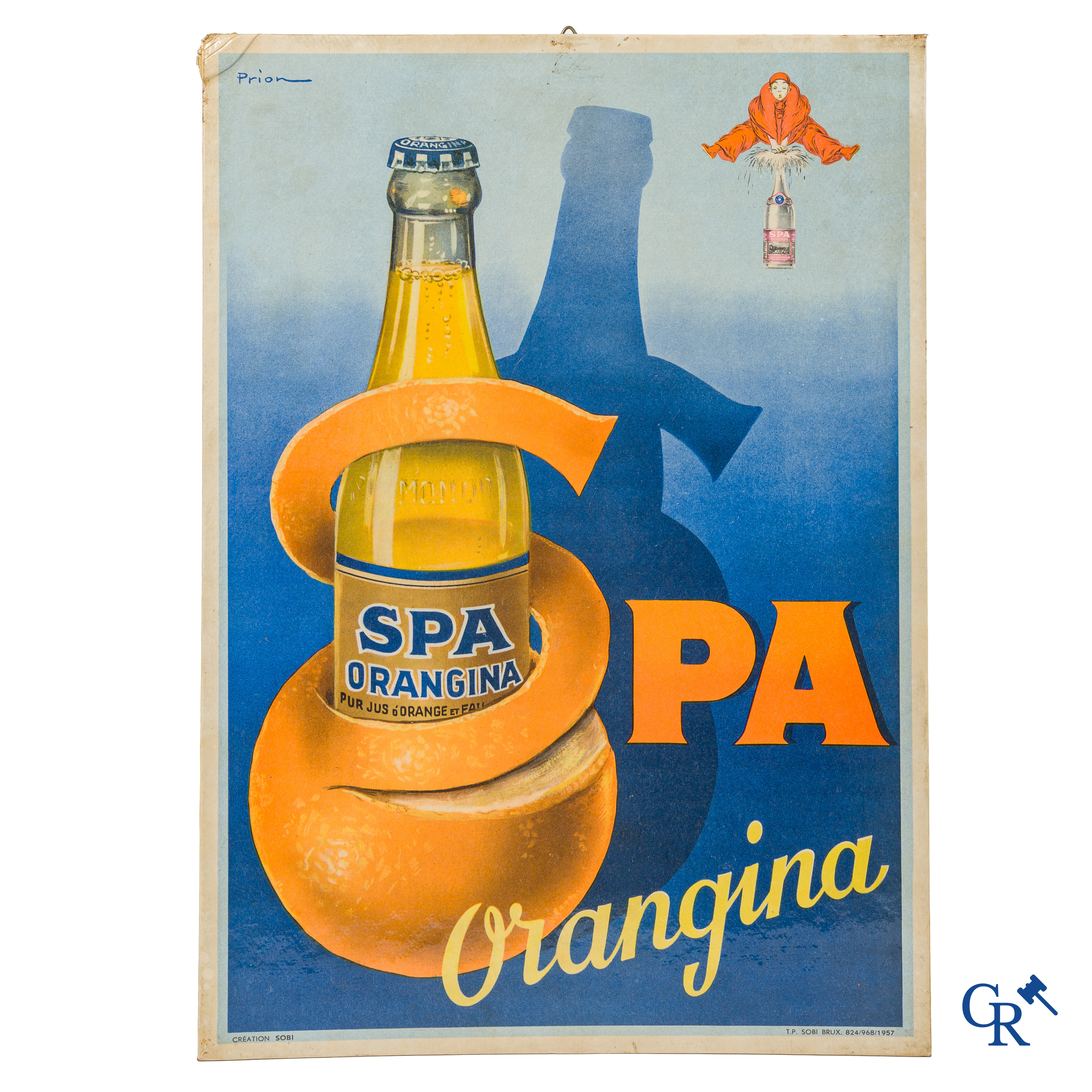Spa, Publiciteits lithografie op karton voor Spa Orangina gesigneerd Prion. Creation Sobi Bruxelles, 1957.