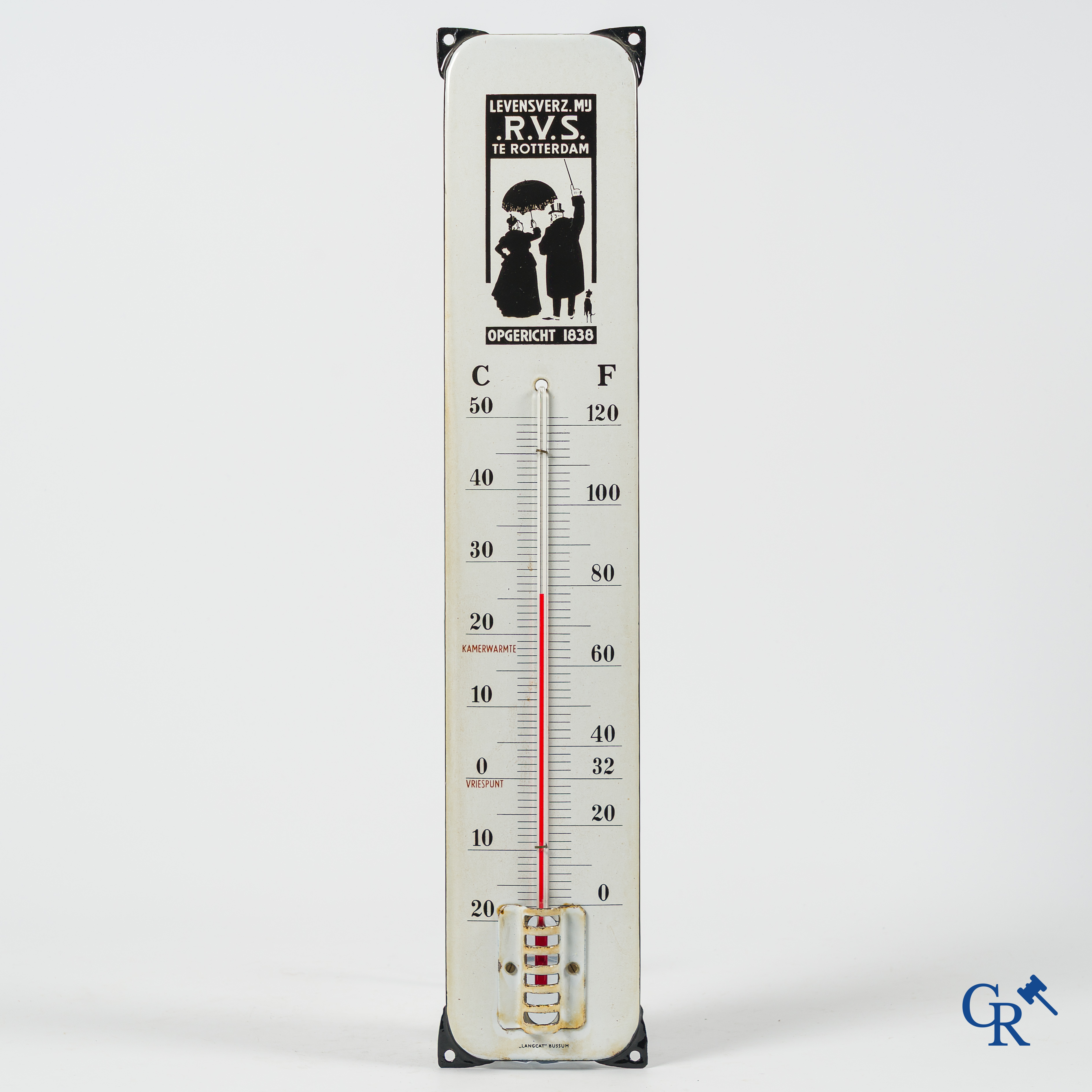 RVS, emaille reclame thermometer voor de Rotterdamse Verzekerings Sociëteit. Emaillerie Langcat Bussum.