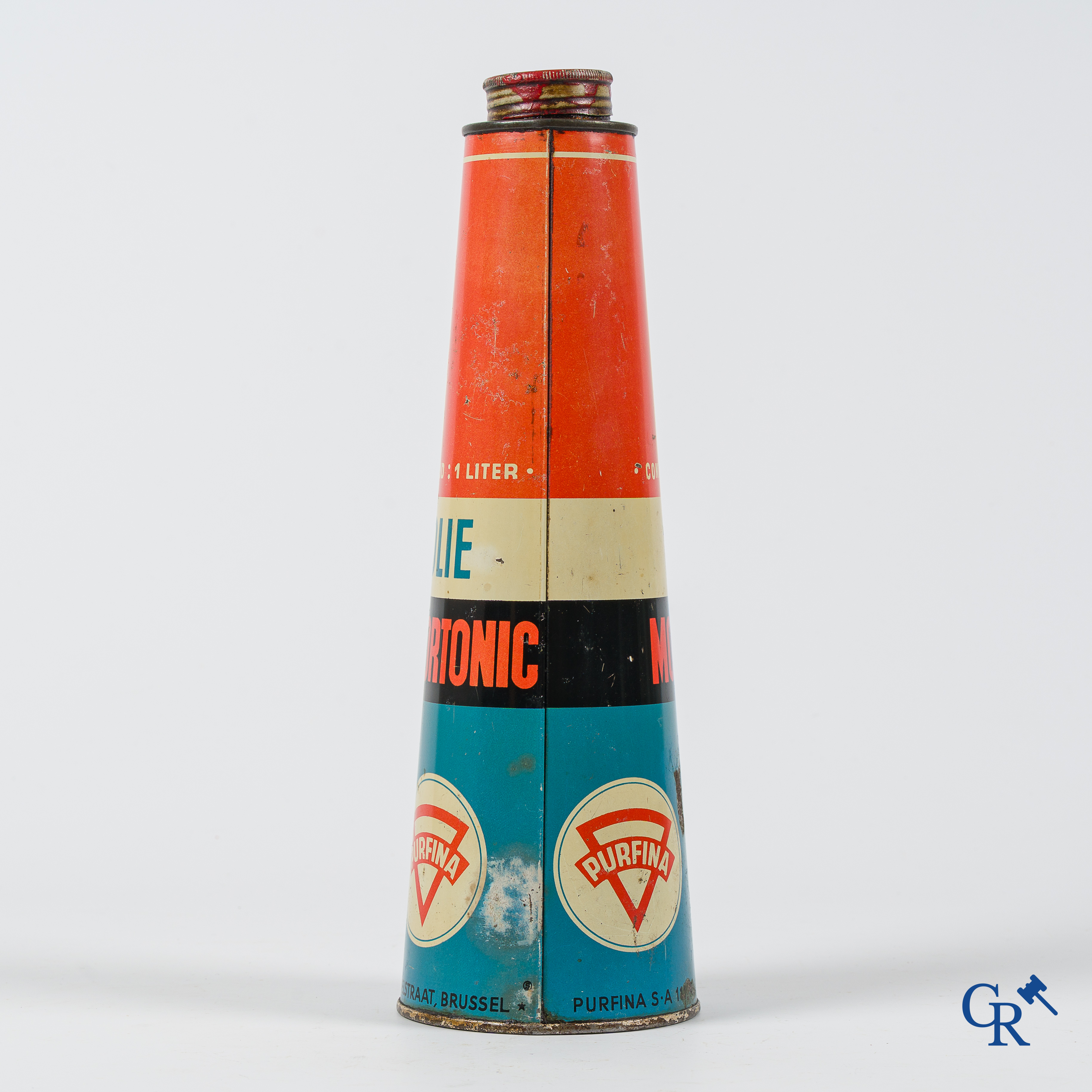 Purfina, conisch olieblik 1 Liter. Olie Motortonic. N.V. Purfina, 111 Handelstraat Brussel.