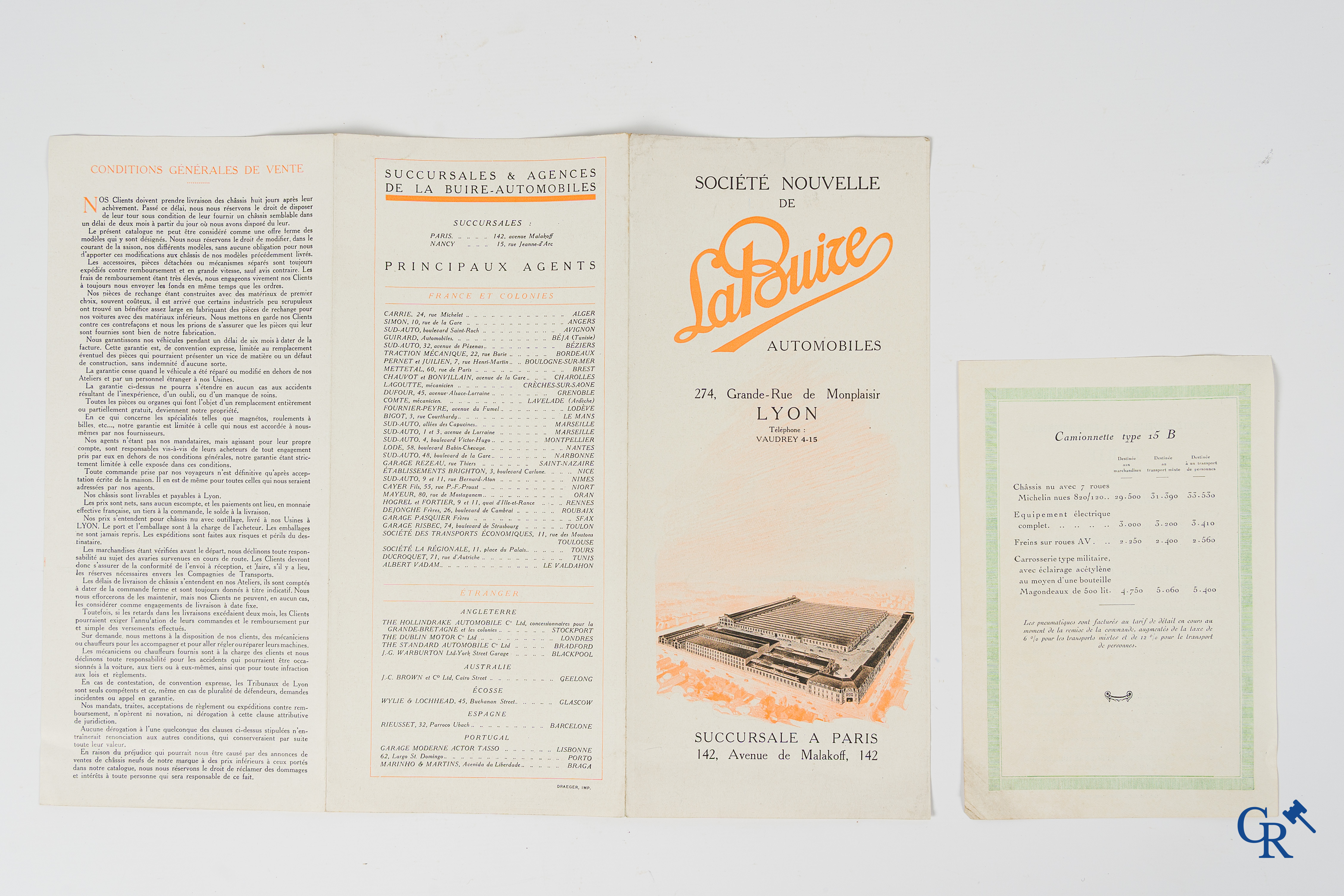 La Buire Automobiles, Uitzonderlijk opvouwbare publiciteitsenveloppe en een folder met prijslijst. 1924-1926.