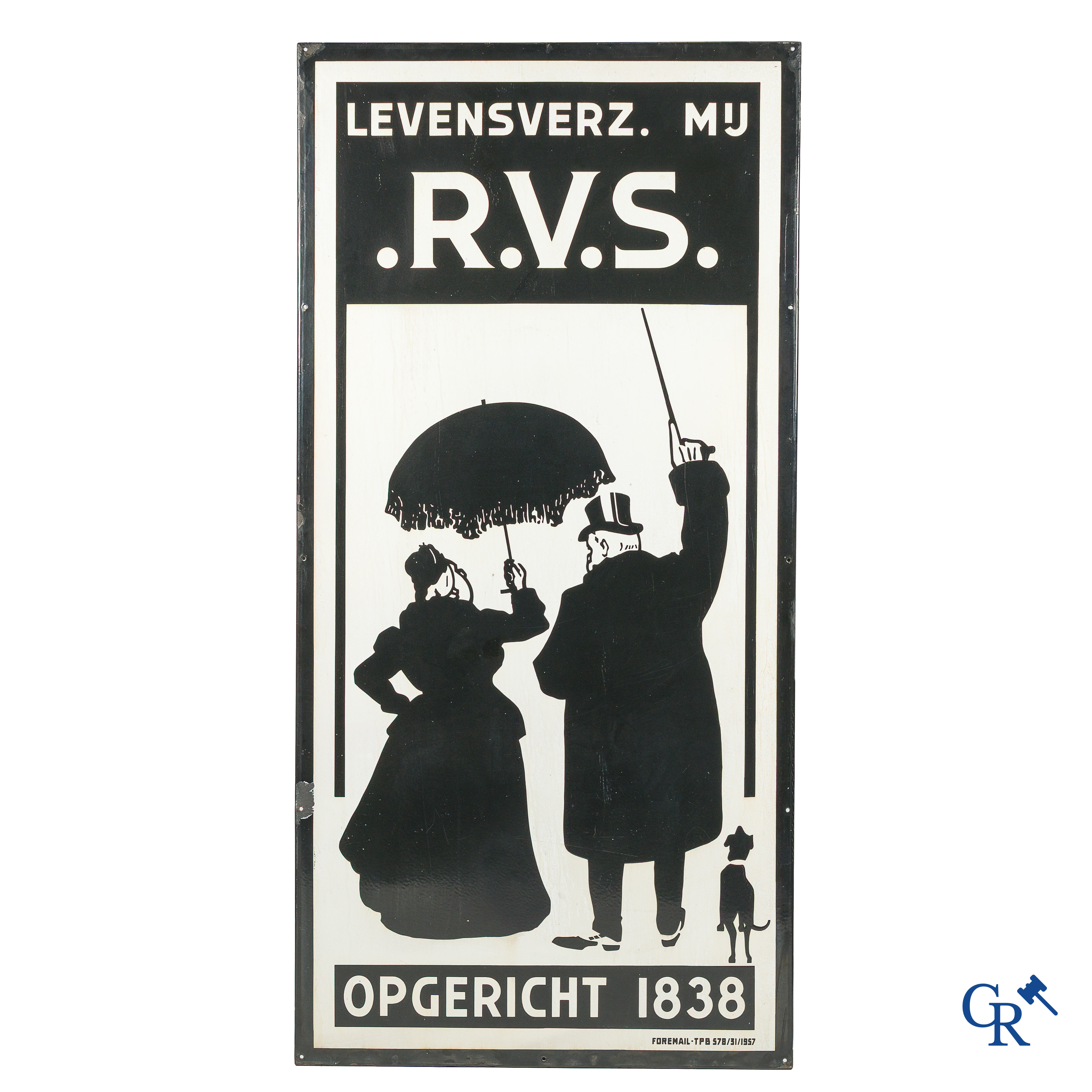 RVS, groot emaille reclamebord voor de Rotterdamse Verzekerings Sociëteit. Foremail TPB 578/31/1957.