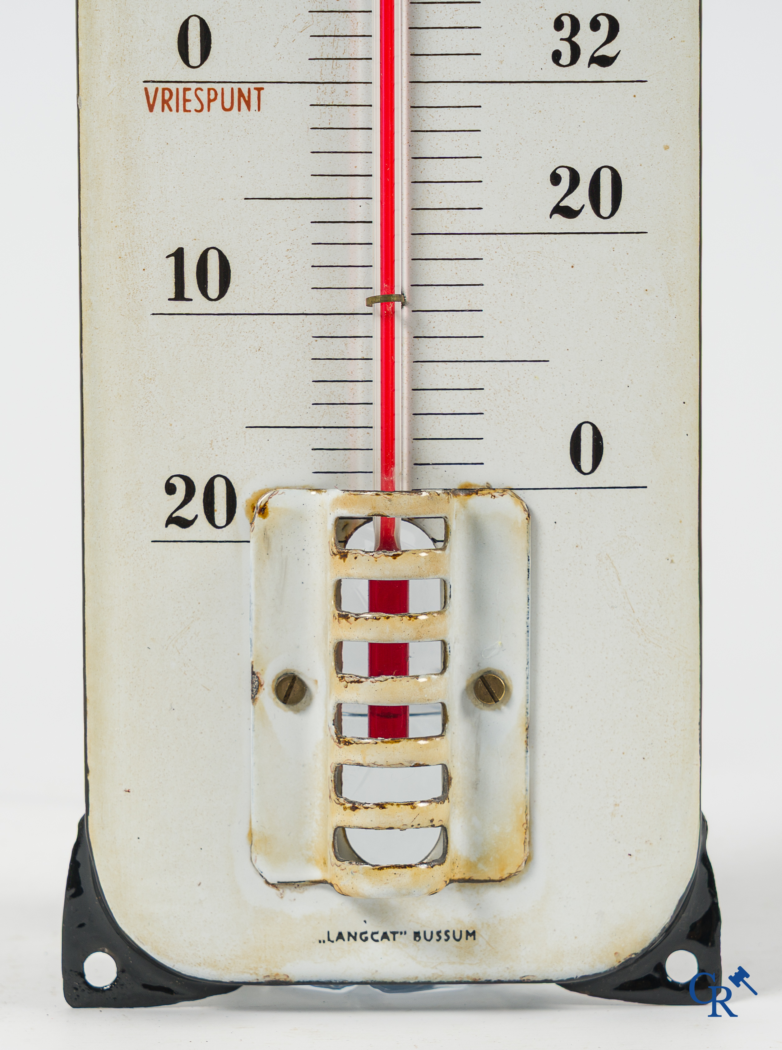 RVS, emaille reclame thermometer voor de Rotterdamse Verzekerings Sociëteit. Emaillerie Langcat Bussum.