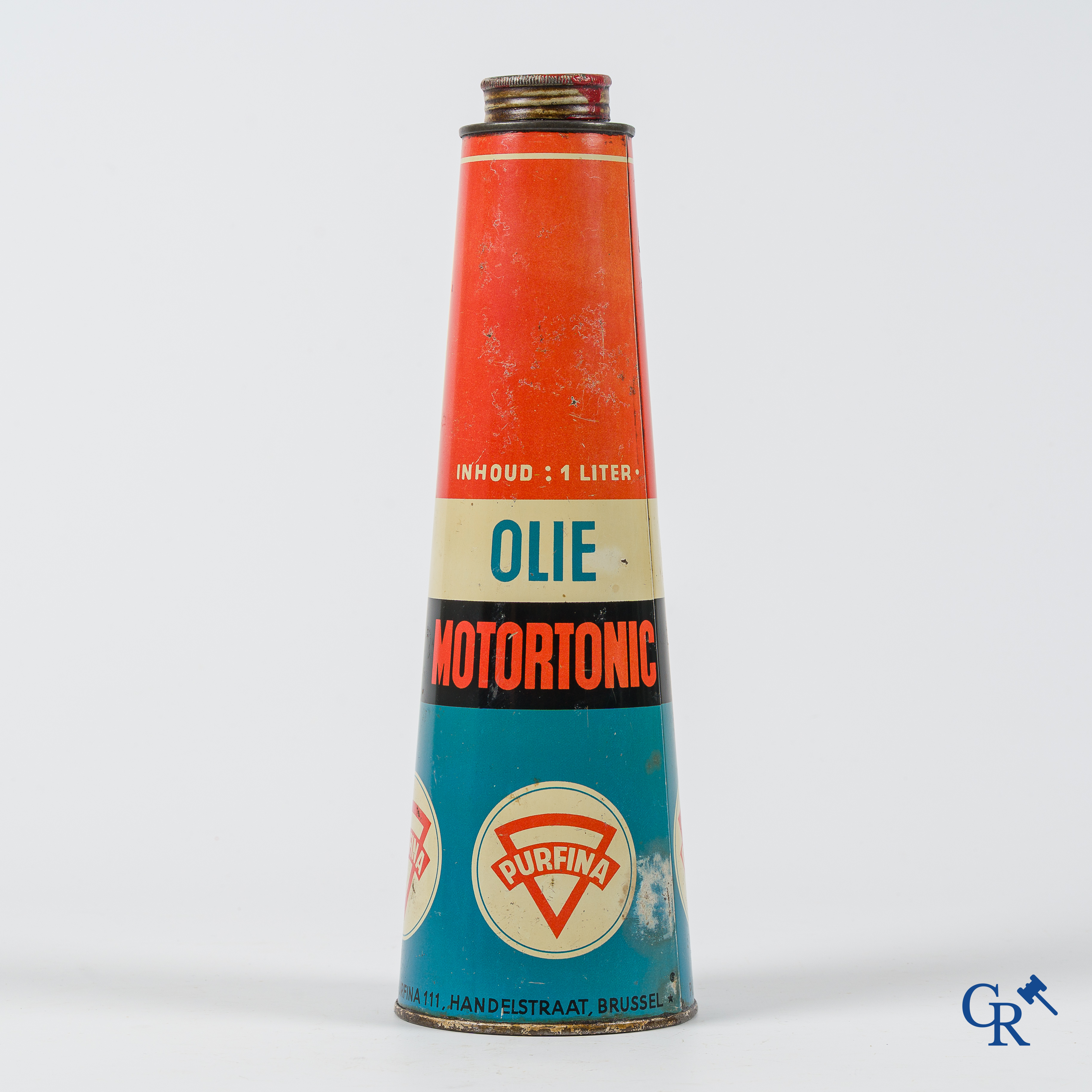 Purfina, conisch olieblik 1 Liter. Olie Motortonic. N.V. Purfina, 111 Handelstraat Brussel.