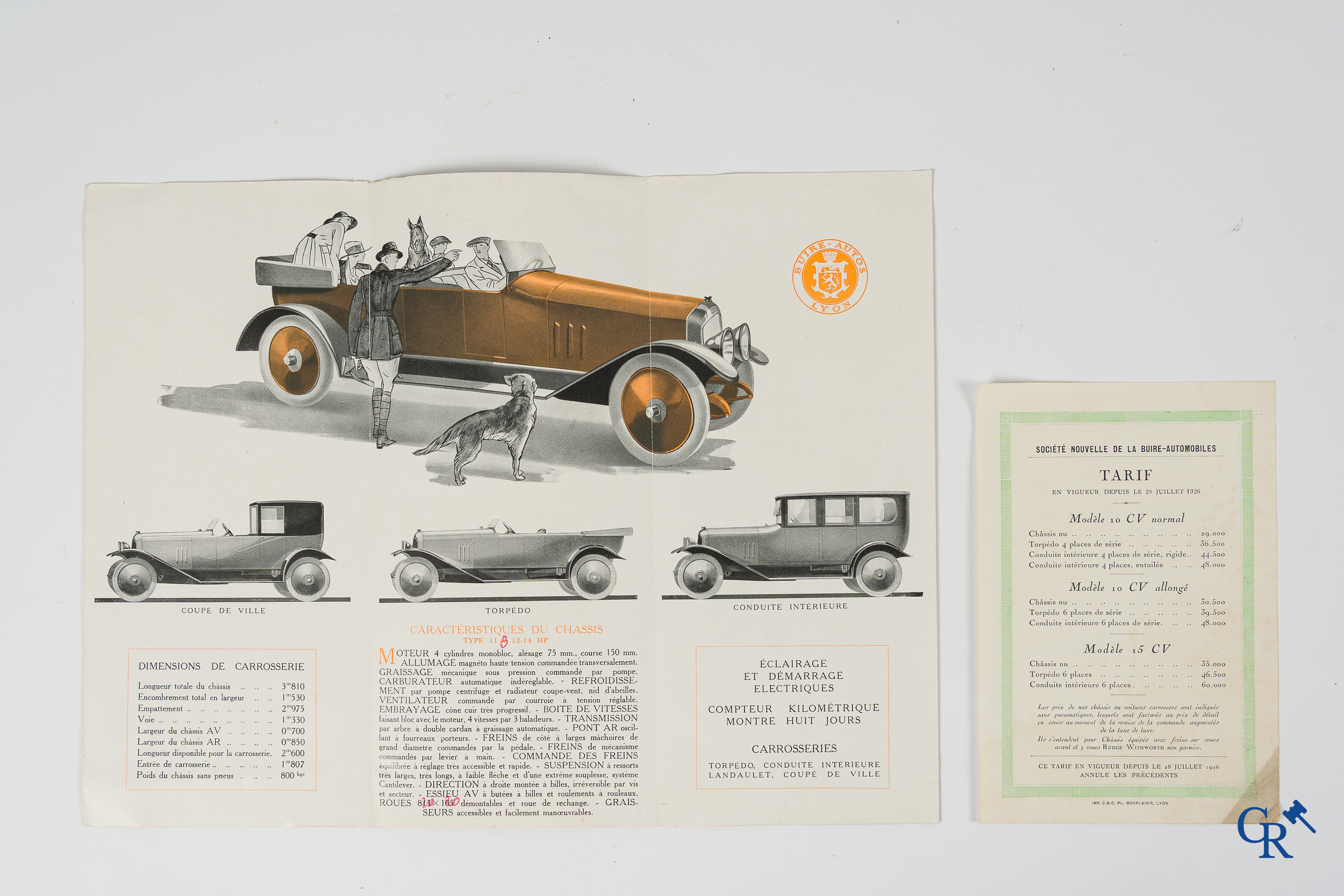 La Buire Automobiles, Uitzonderlijk opvouwbare publiciteitsenveloppe en een folder met prijslijst. 1924-1926.