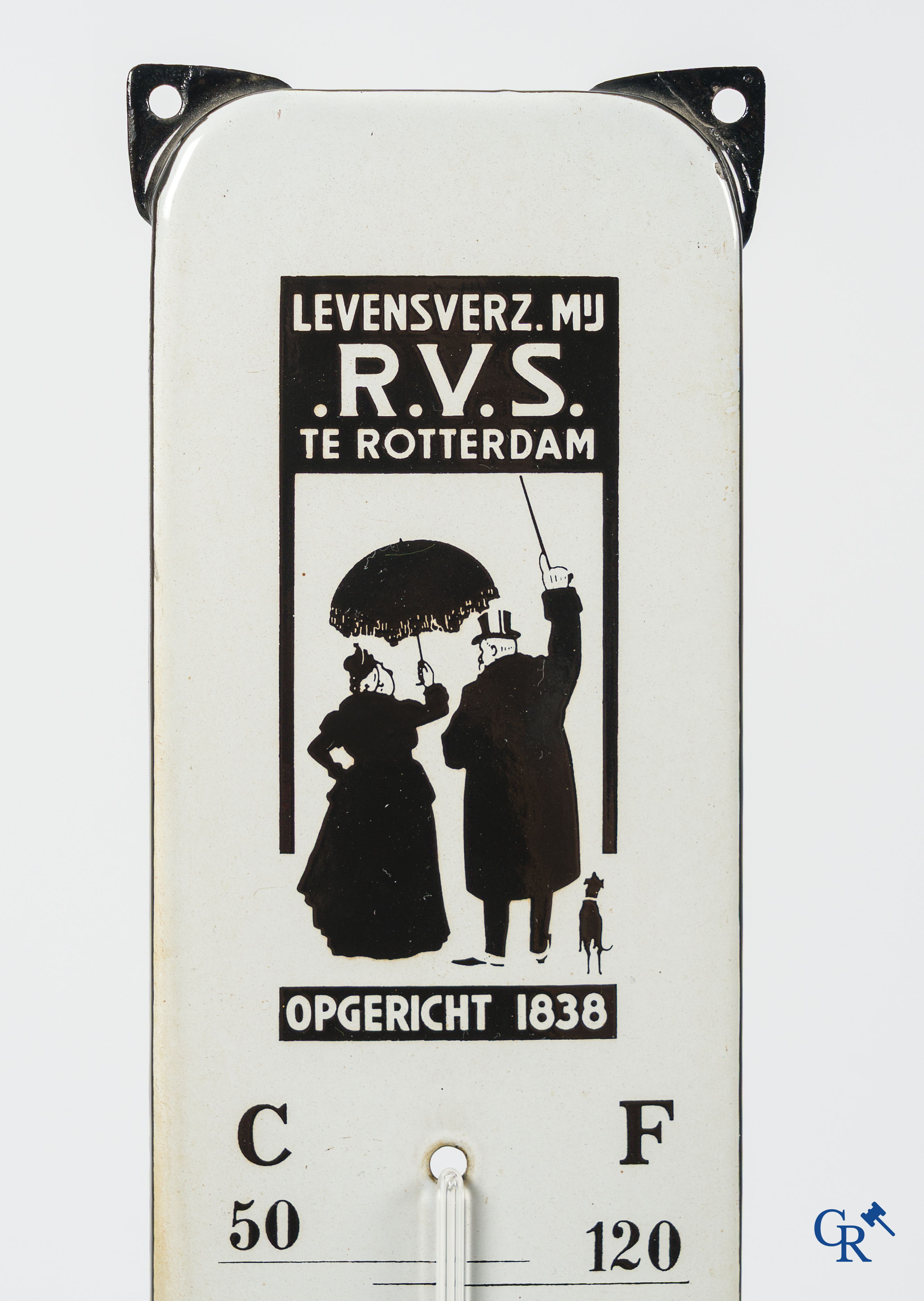 RVS, emaille reclame thermometer voor de Rotterdamse Verzekerings Sociëteit. Emaillerie Langcat Bussum.