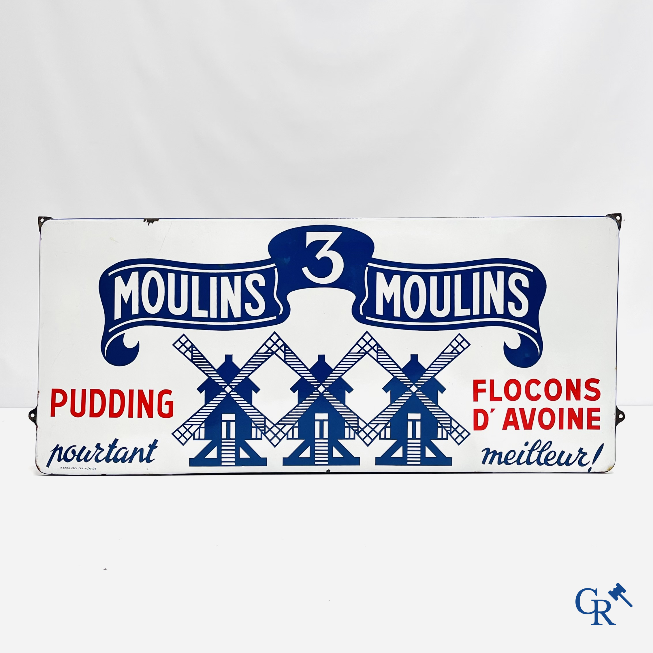 De 3 Molens, emaille reclamebord voor de pudding en havermoutproducten van de Belgische producent Les 3 Moulins.