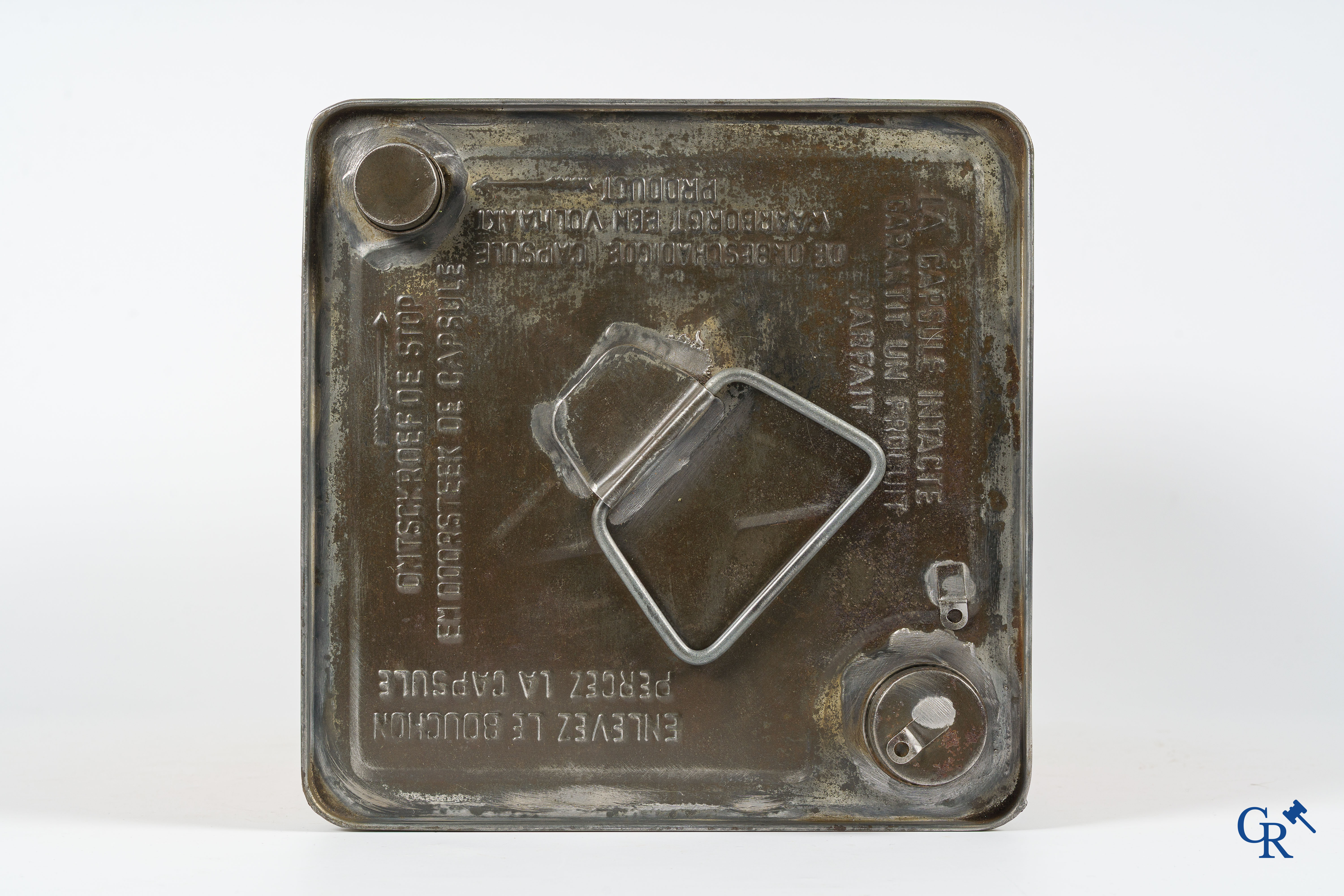Caltex Motor Oil, Groot olieblik, 20L. Zeldzame Belgische uitvoering. "Behoudt uw motor jong". Jaren '40.