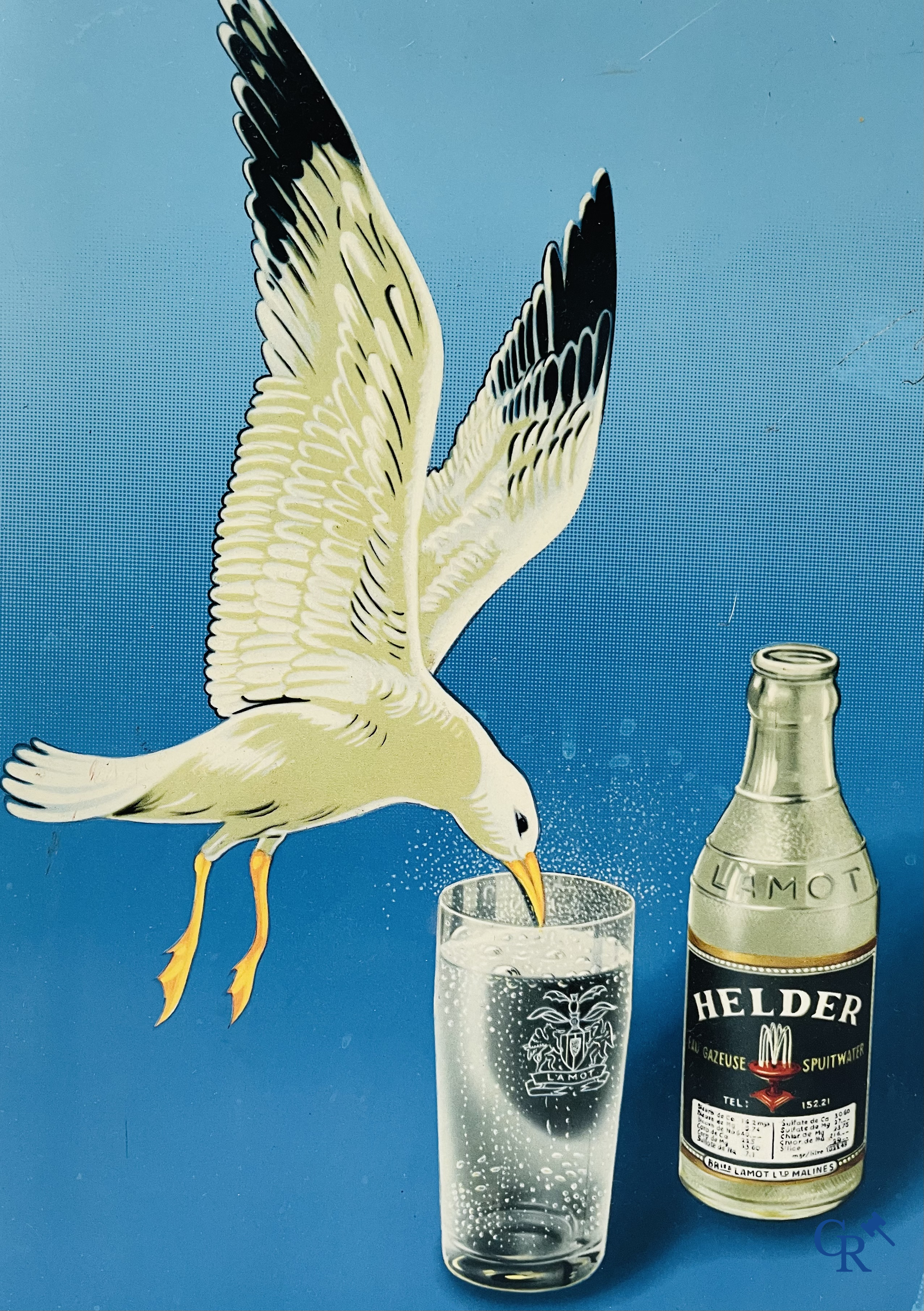 Helder, Reclamebord in bedrukt metaal voor Lamot spuitwater. Taxe payée Bruxelles 111/5/1955.