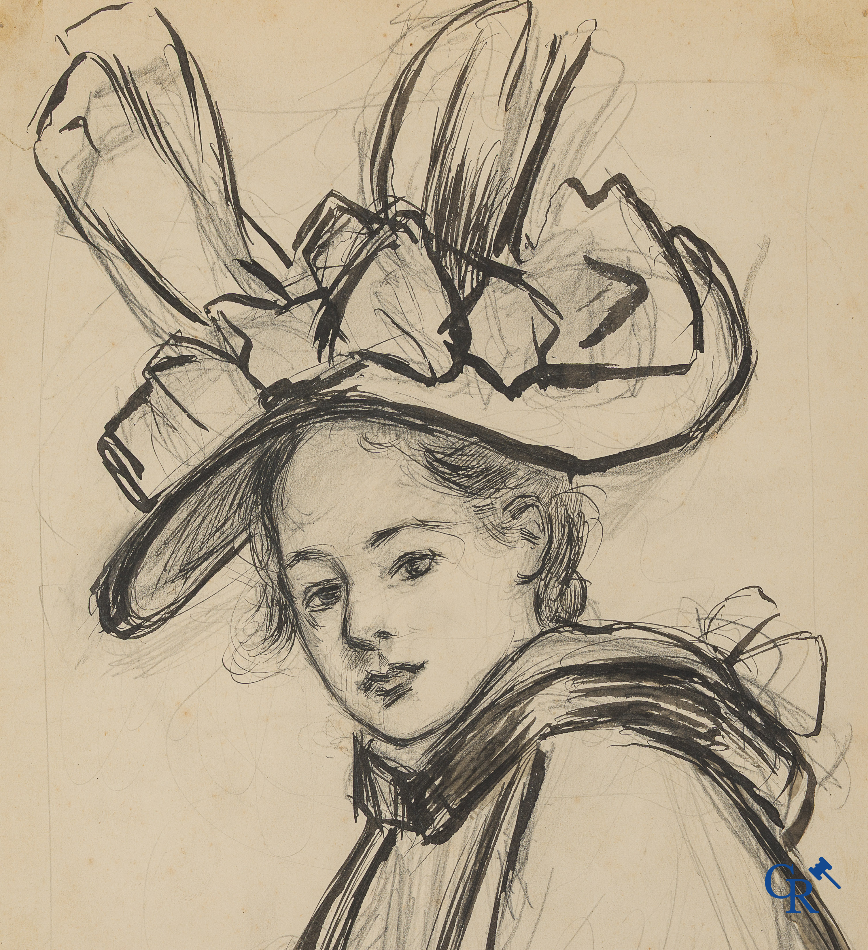 Firmin Bouisset (1859-1925) Portret van Yvonne Bouisset. Potlood en Oost-Indische inkt op papier.