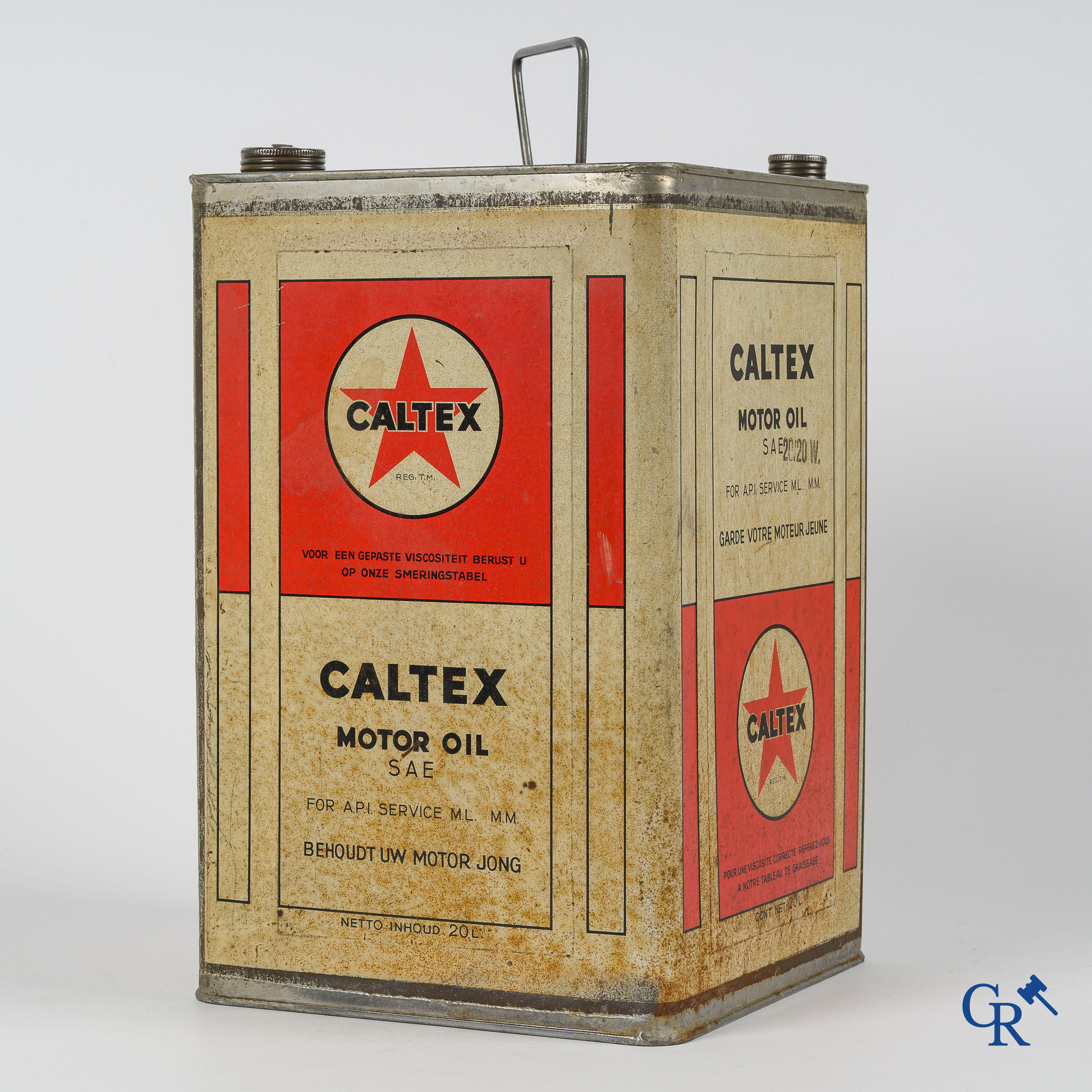 Caltex Motor Oil, Groot olieblik, 20L. Zeldzame Belgische uitvoering. "Behoudt uw motor jong". Jaren '40.