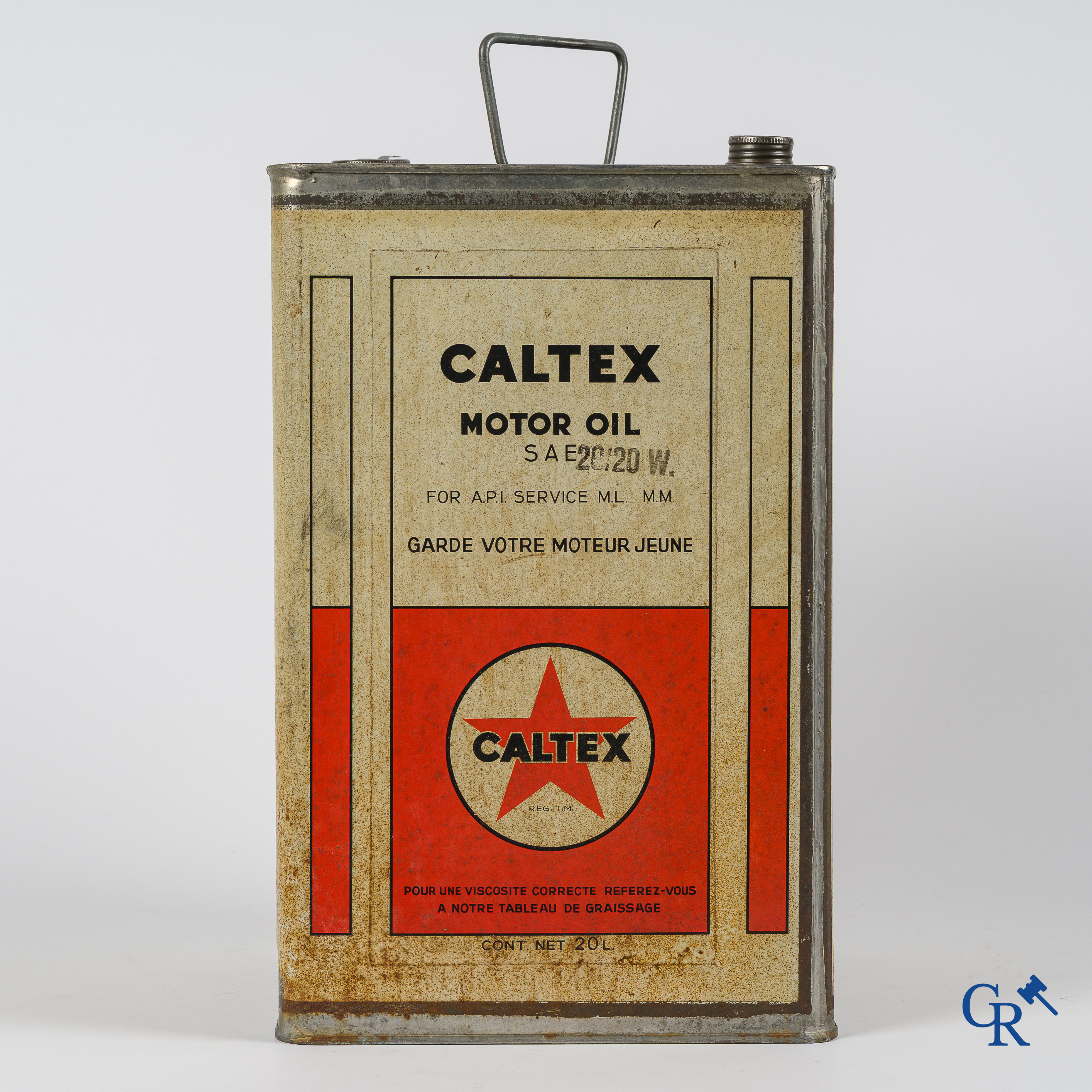Caltex Motor Oil, Groot olieblik, 20L. Zeldzame Belgische uitvoering. "Behoudt uw motor jong". Jaren '40.