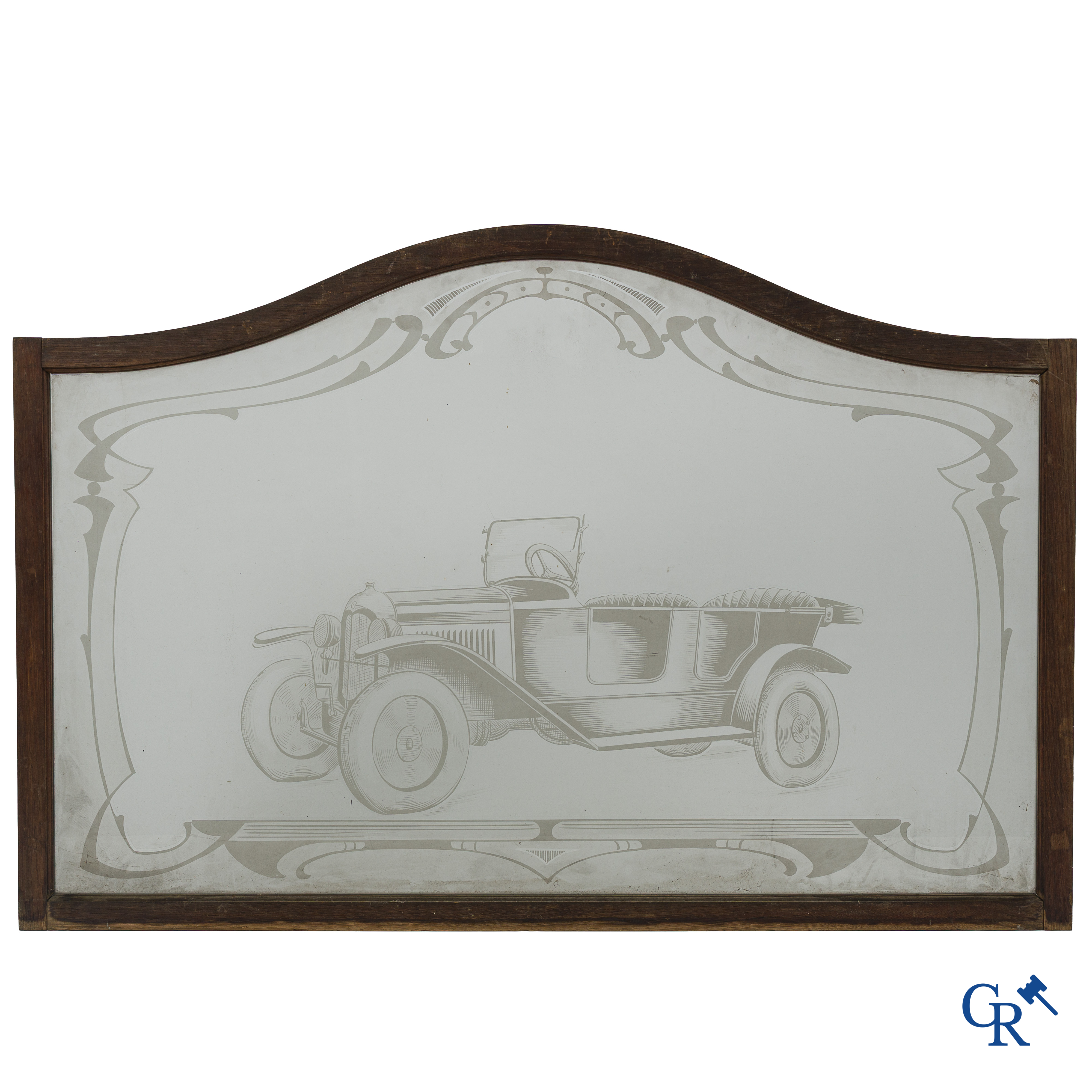 Automobilia. 2 geëtste ramen met voorstelling van een Citroën Torpedo en een Berliet bestelwagen. Circa 1925 -1930.