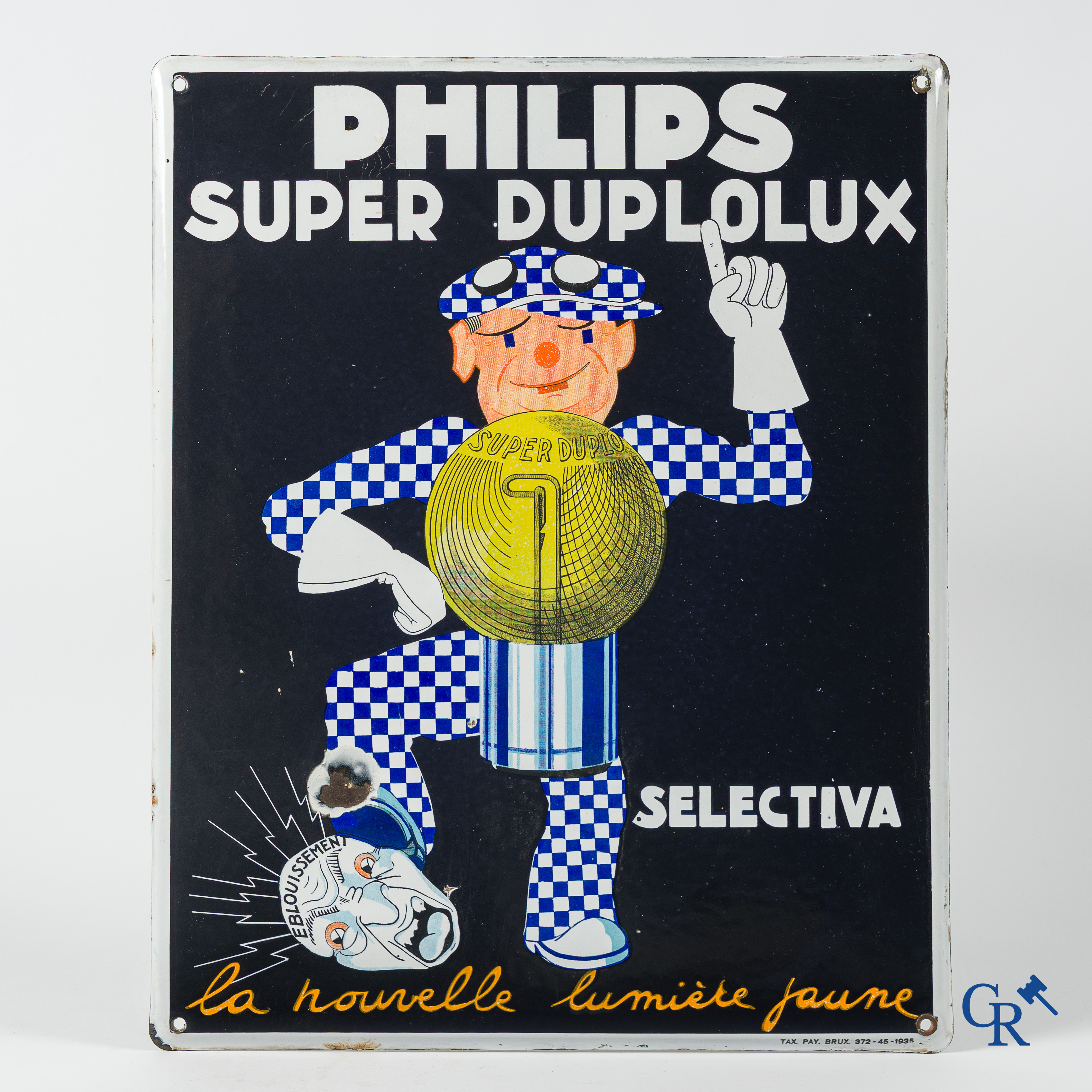 Philips Super Duplolux. Emaille reclamebord voor autokoplampen van Philips. Emaillerie Koekelberg 1935.