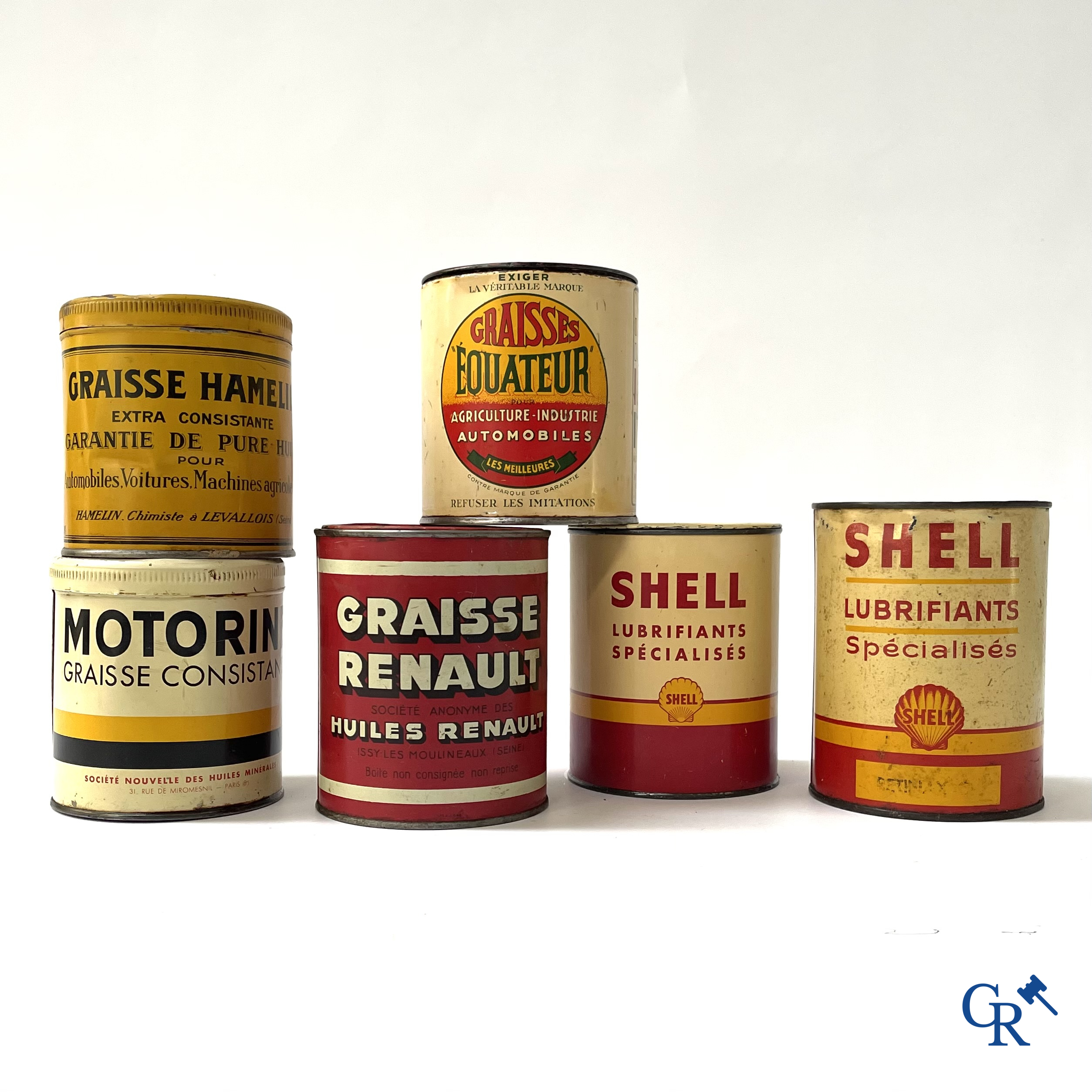 Automobilia. 6 blikken voor autosmering. Graisse Renault, Equateur, Motorine Veedol, Hamelin, Shell. Jaren '50.