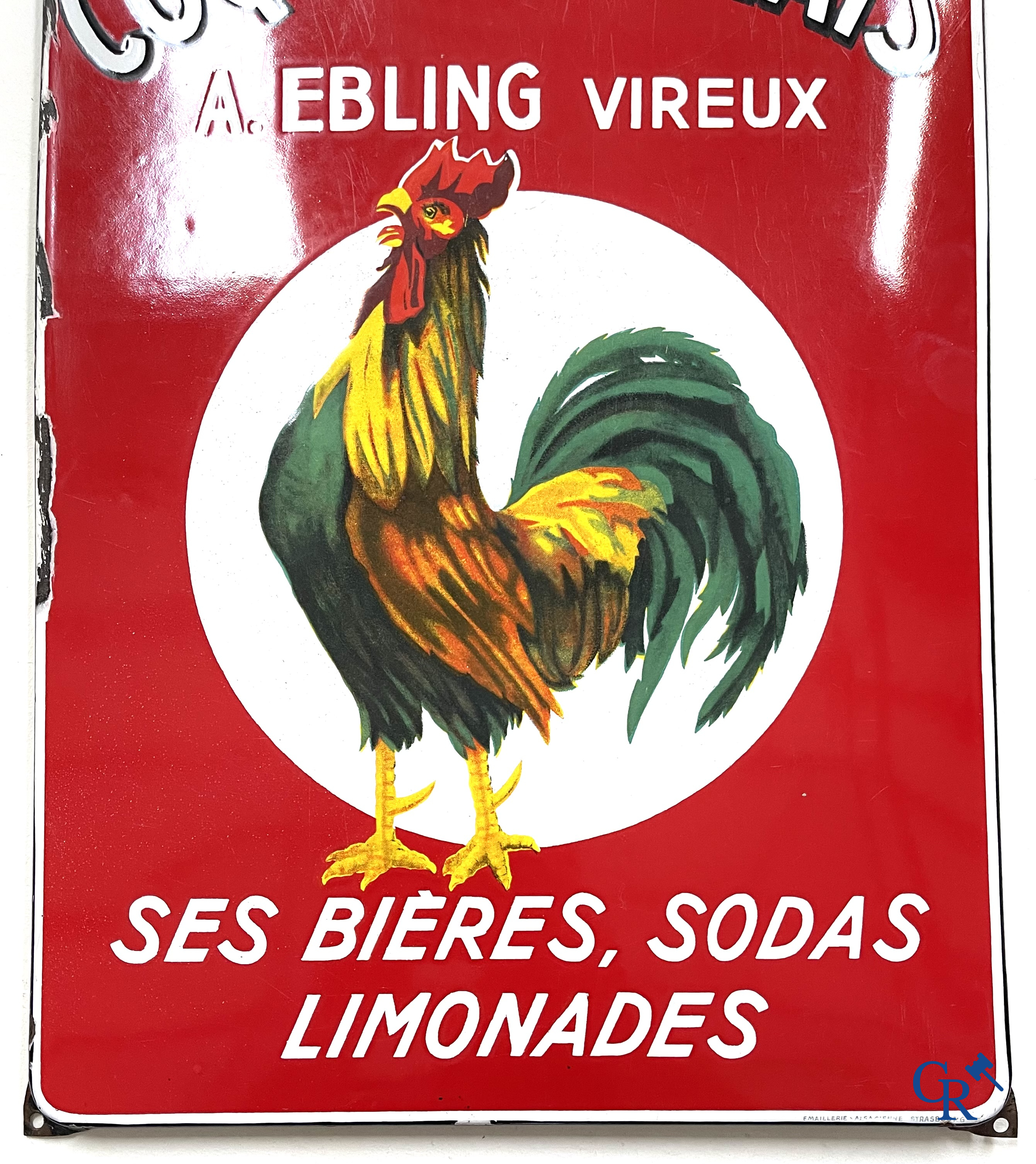 Brasserie du Coq Ardennais, Origineel reclamebord voor bieren, sodas en limonades van brasserie Ebling à Vireux.