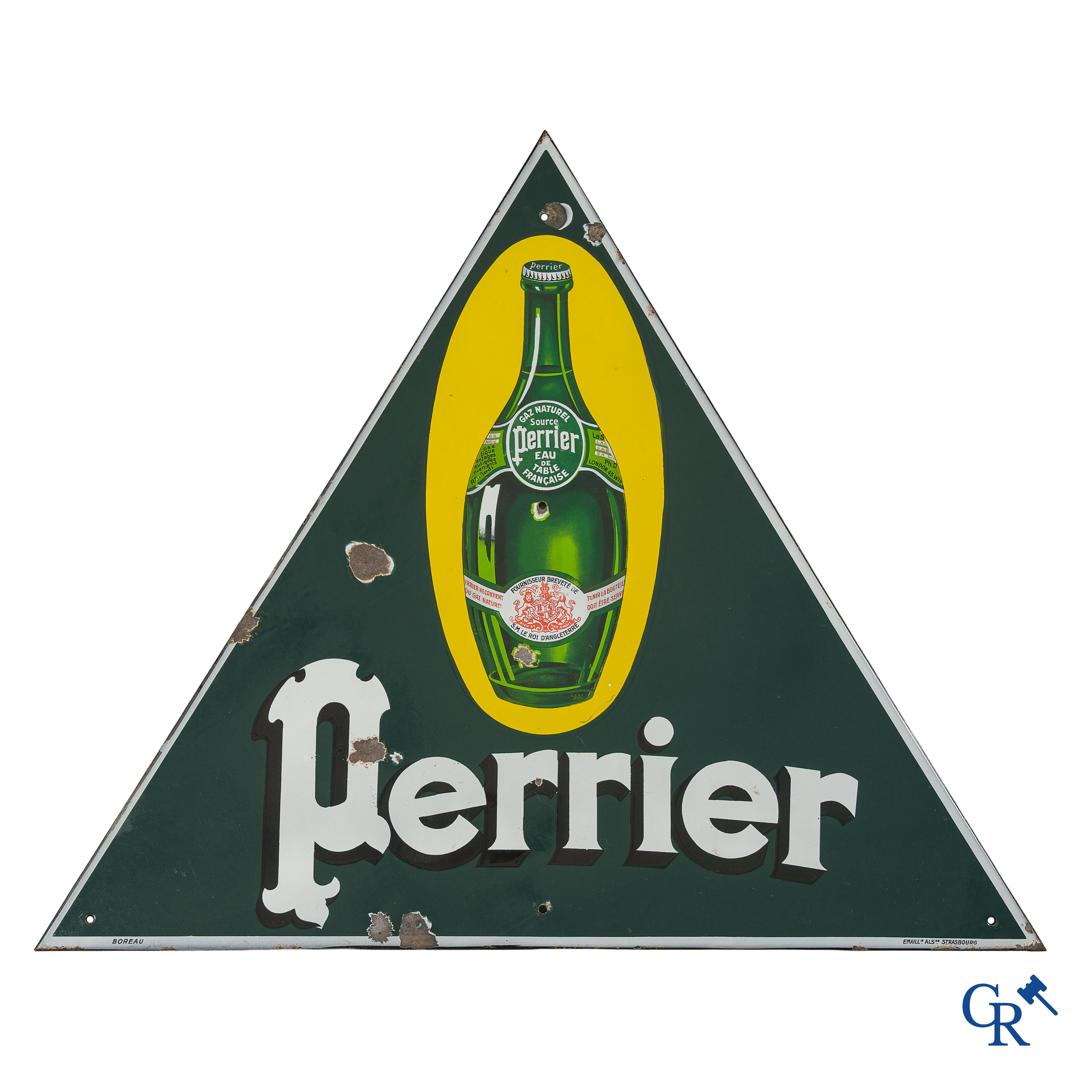 Perrier. Emaille reclamebord voor het bronwater van Perrier. Emaillerie Alsacienne Strasbourg. 30'er jaren.