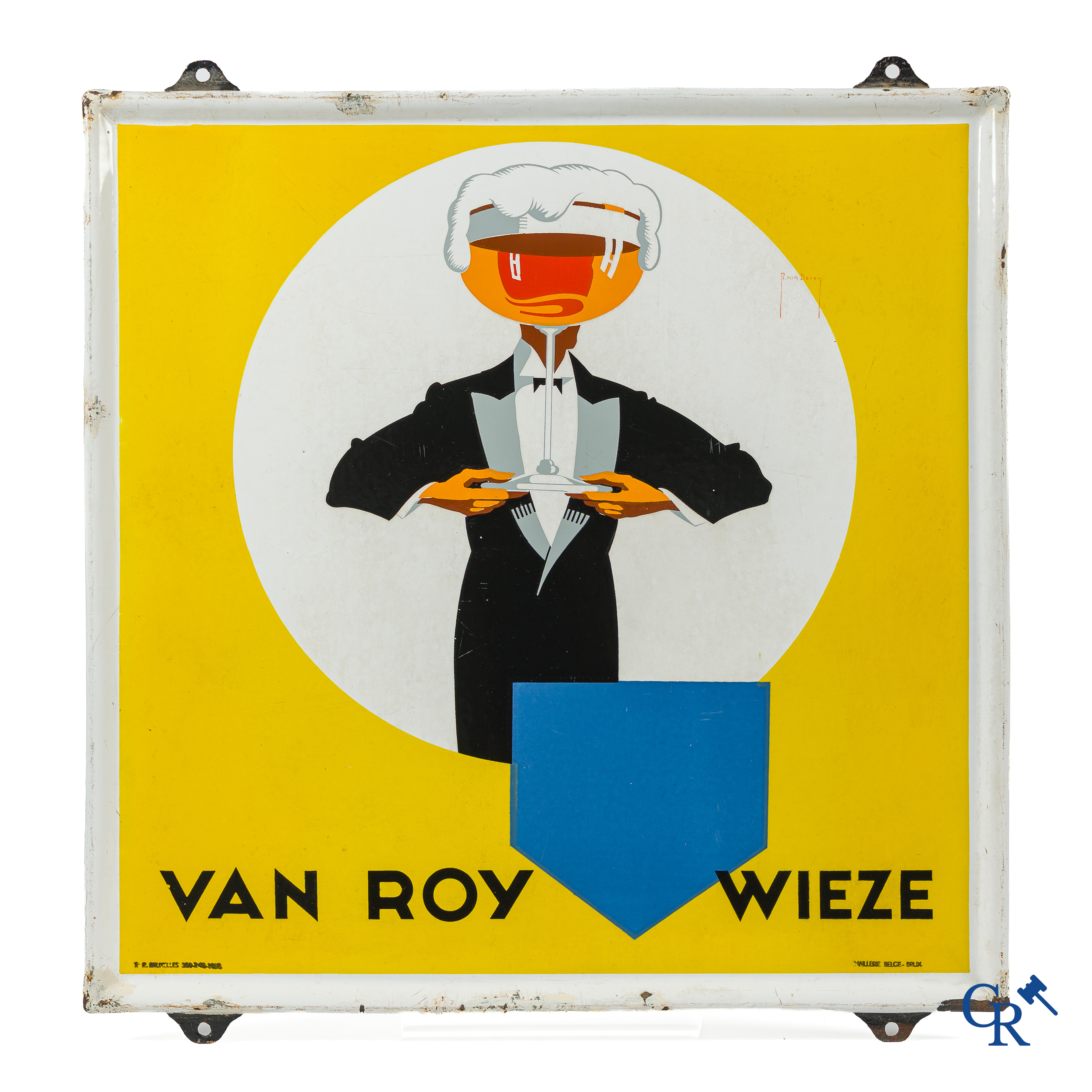 Raymond Van Doren. Wieze Van Roy. Emaille reclamebord voor de bieren van Brouwerij Van Roy te Wieze. Jaren '50.