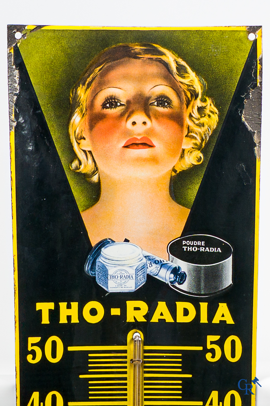 Tho-Radia. Emaille reclamebord met ingewerkte thermometer. Ferro-émail. Franse makelij tussen 1932 en 1937.