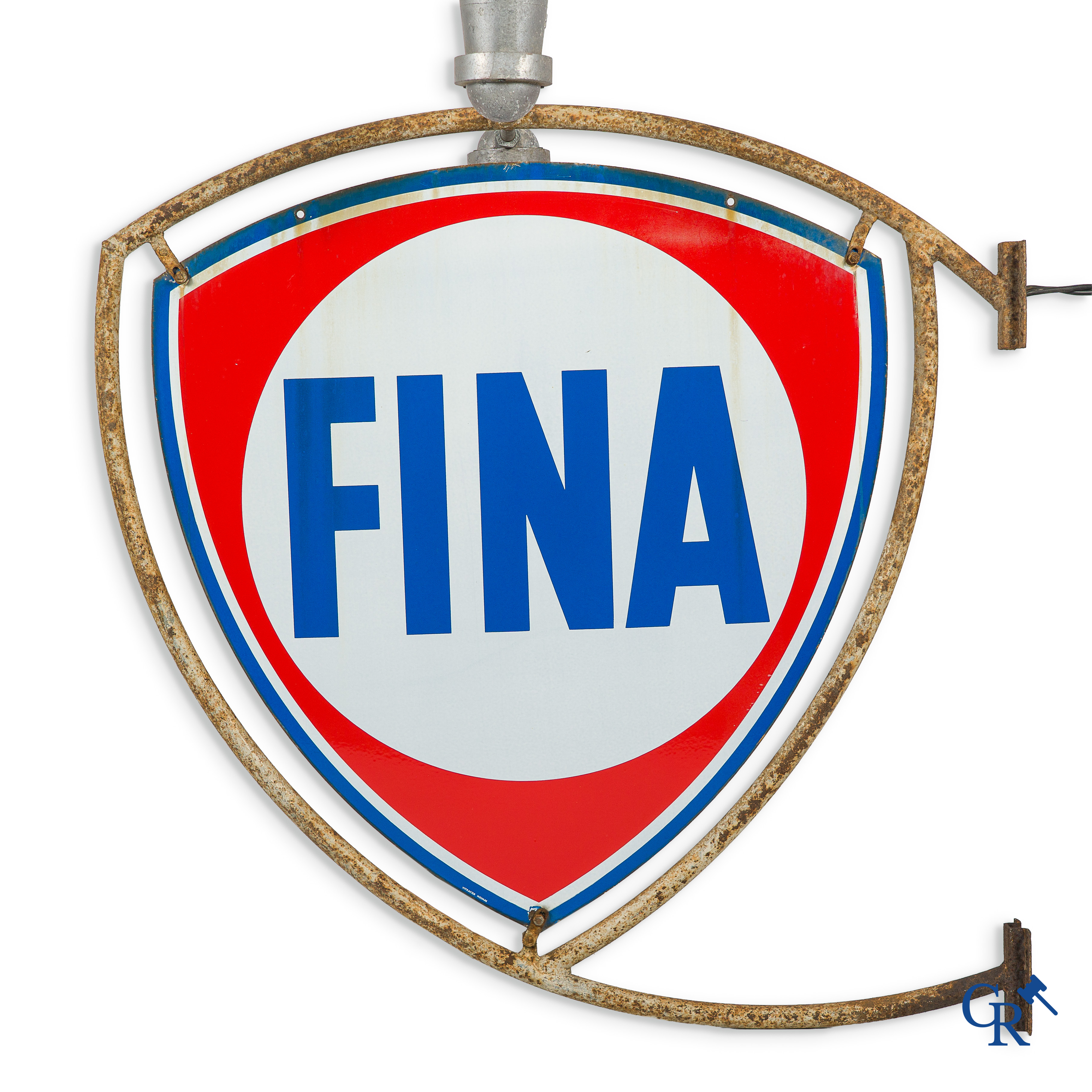 Fina. Groot dubbelzijdig geëmailleerd uithangbord in metalen frame met de originele aluminium spots. Circa 1950.