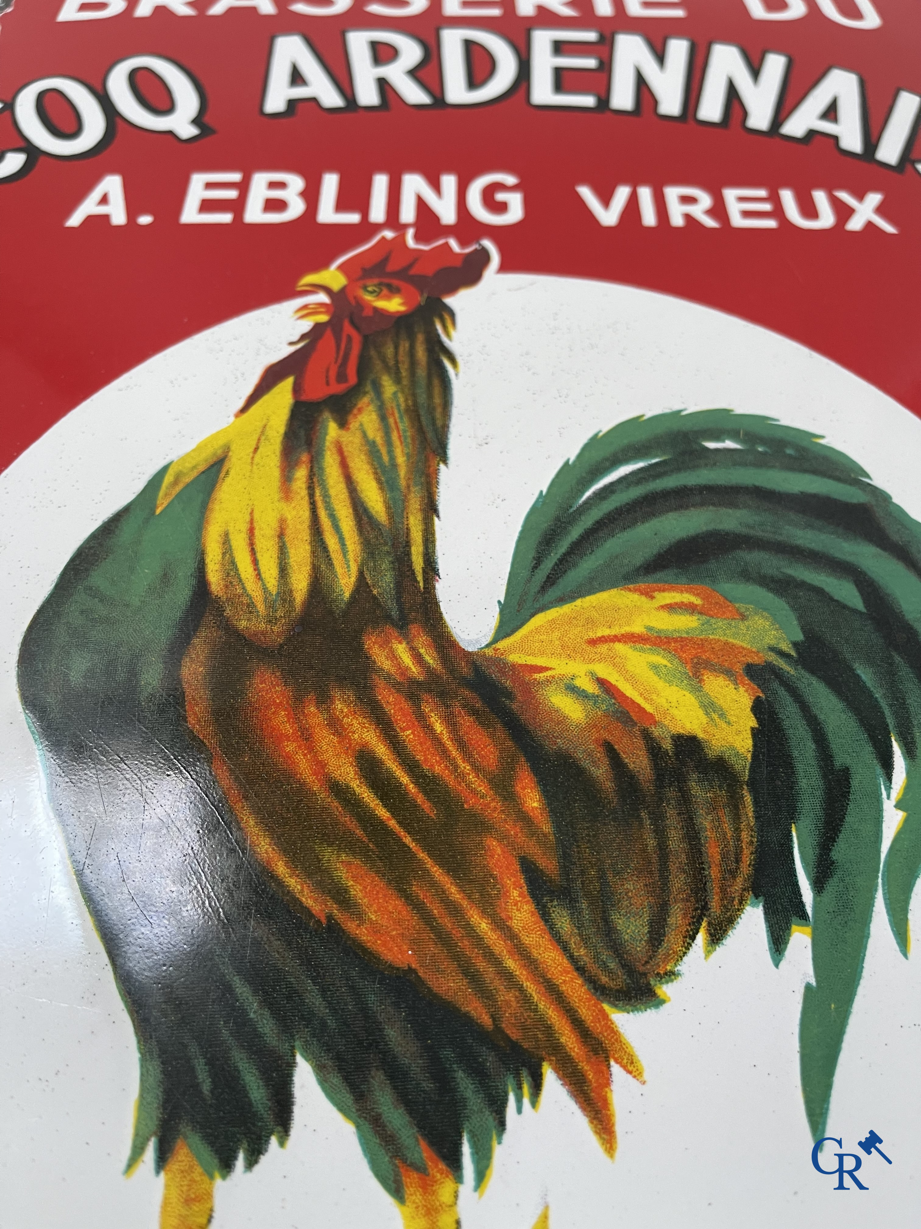 Brasserie du Coq Ardennais, Origineel reclamebord voor bieren, sodas en limonades van brasserie Ebling à Vireux.