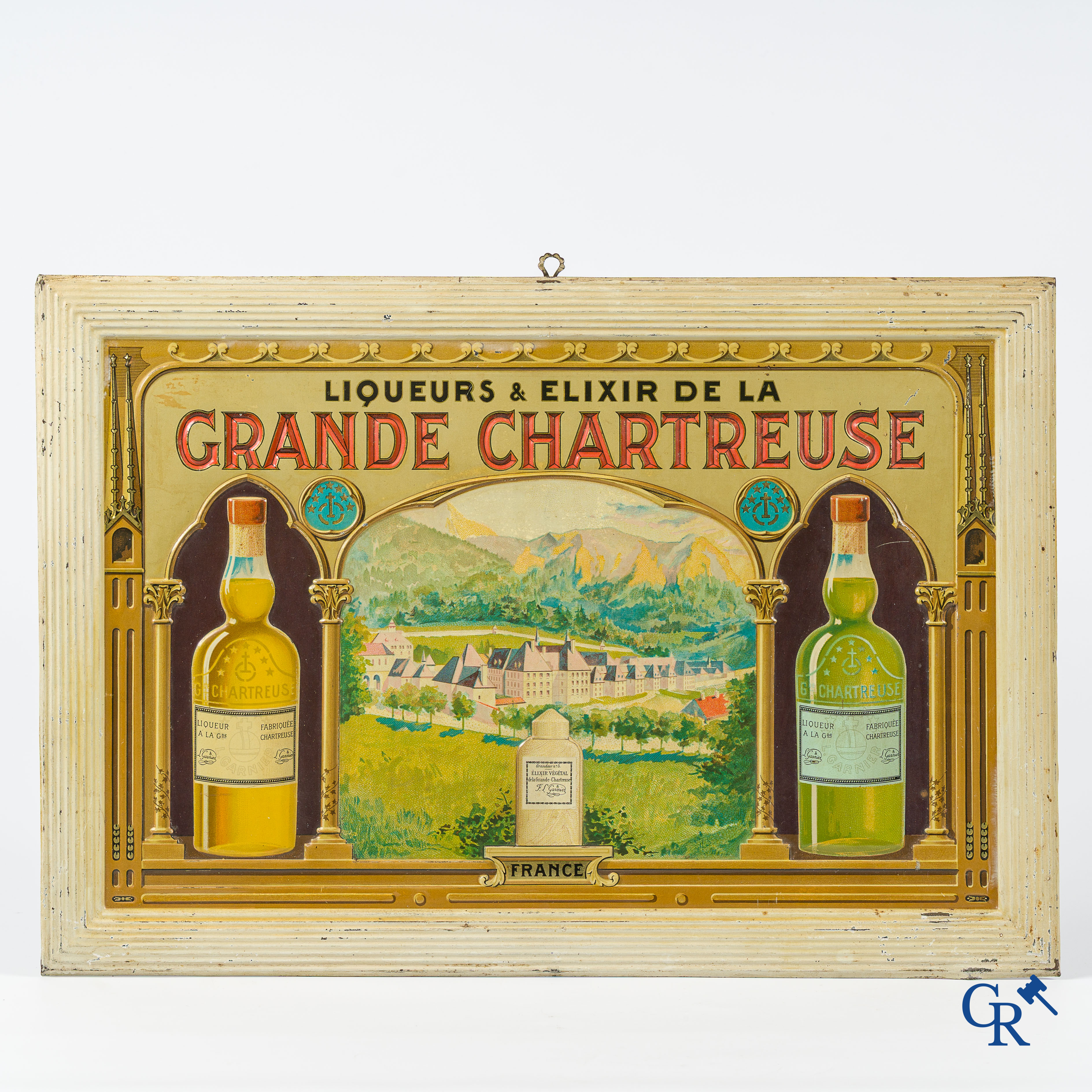 L. Garnier. Publiciteits bord in blik voor de Liqueurs & Elixir de la Grande Chartreuse.