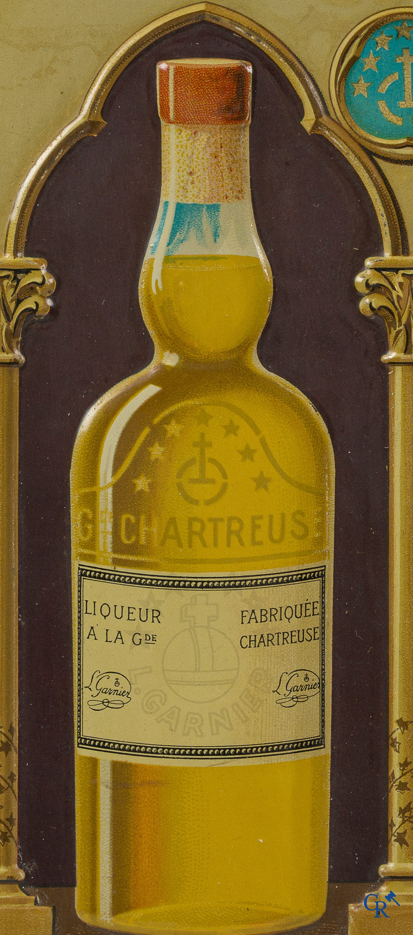 L. Garnier. Publiciteits bord in blik voor de Liqueurs & Elixir de la Grande Chartreuse.