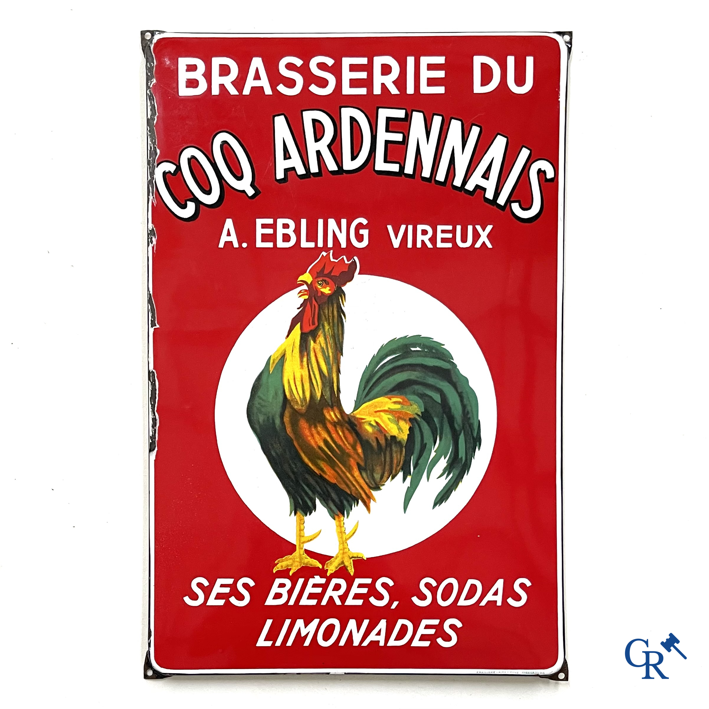 Brasserie du Coq Ardennais, Origineel reclamebord voor bieren, sodas en limonades van brasserie Ebling à Vireux.