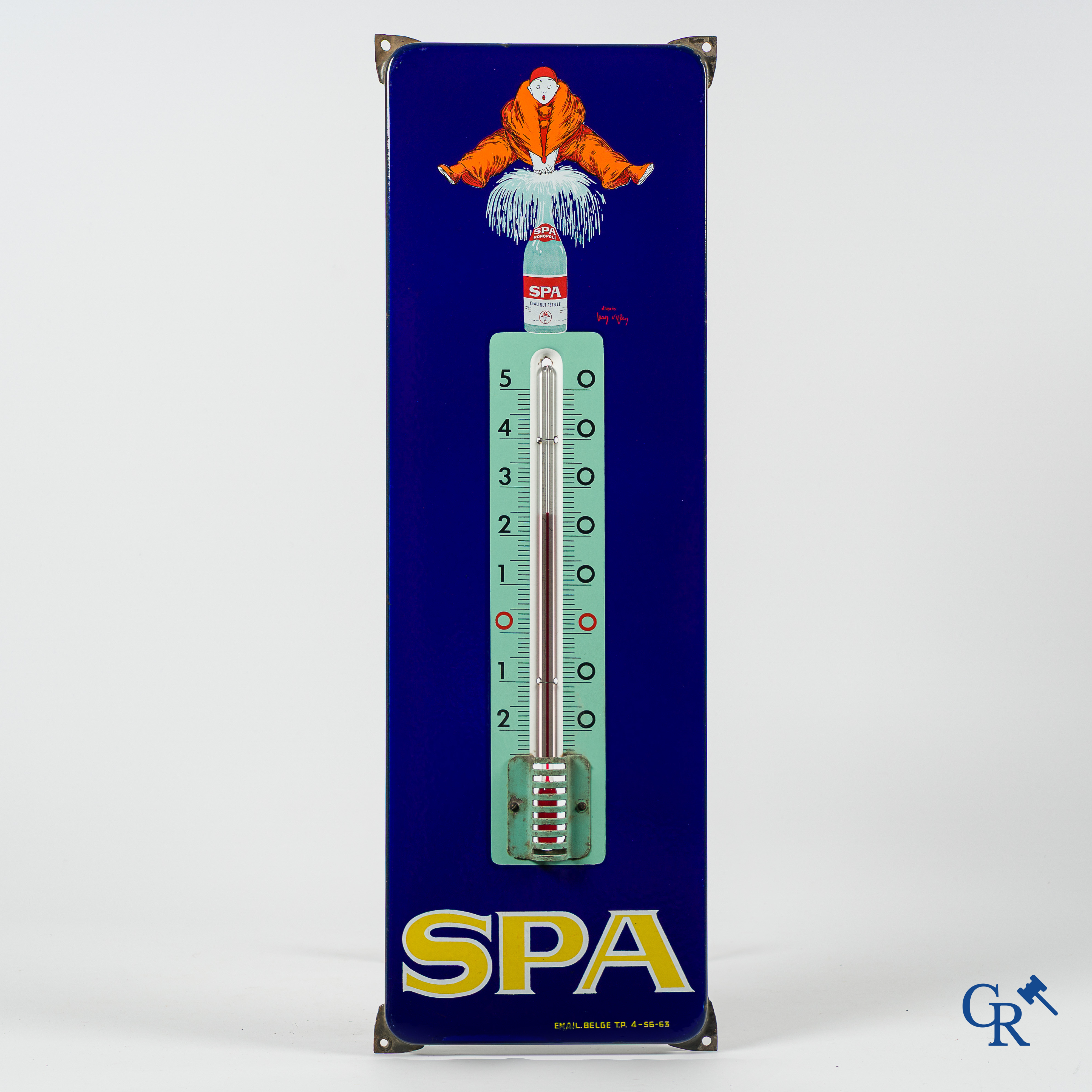 Spa, publiciteits thermometer in emaille met voorstelling van "Pierrot". Emaillerie Belge 1963.