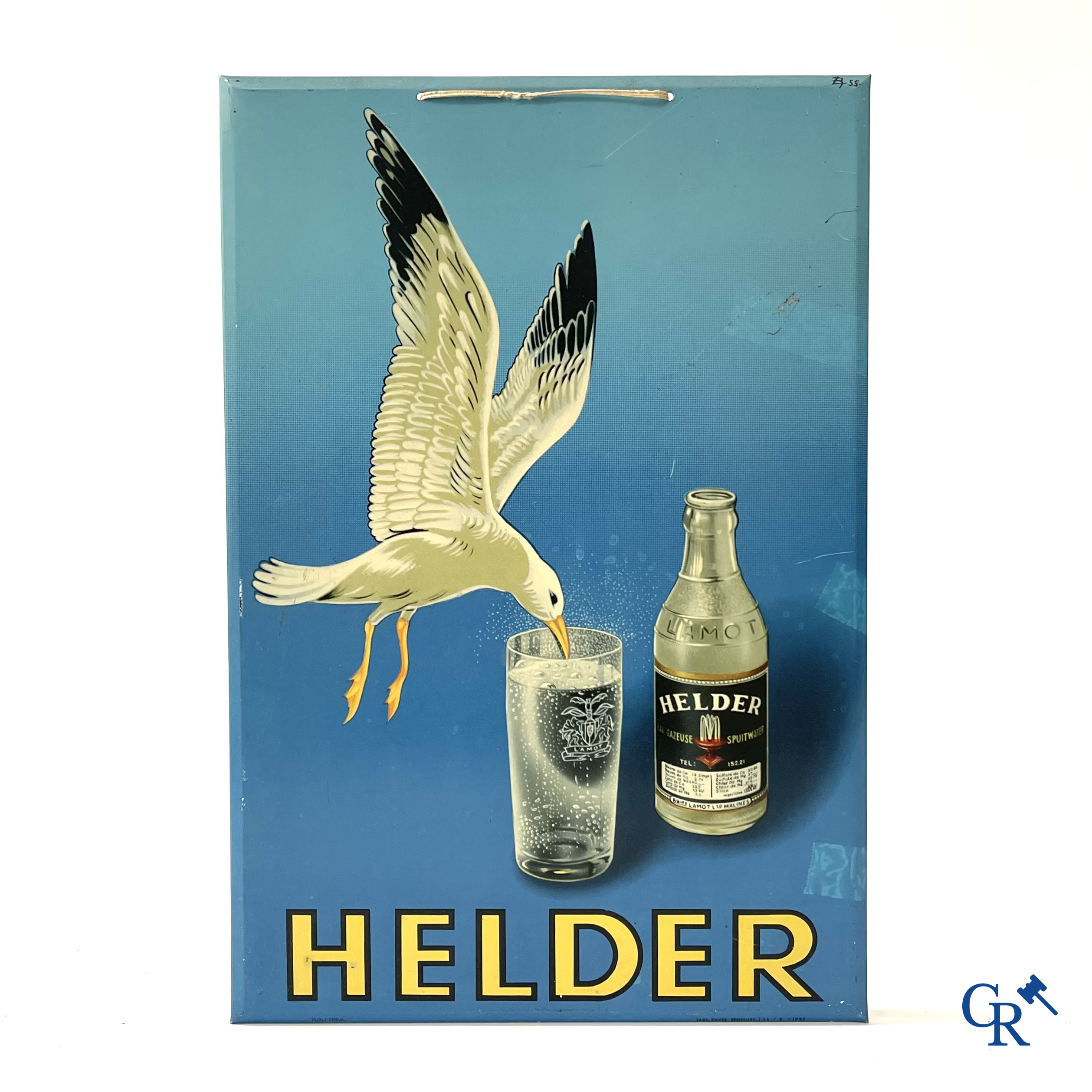 Helder, Reclamebord in bedrukt metaal voor Lamot spuitwater. Taxe payée Bruxelles 111/5/1955.