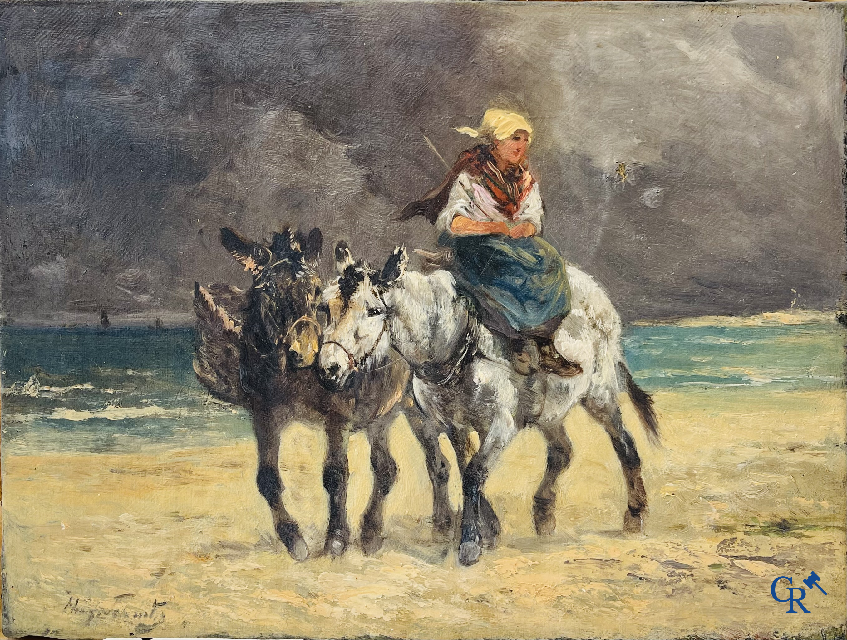 Henry Schouten: Oil on canvas. “Donkey walk on the Belgian coast.“ Around 1900.