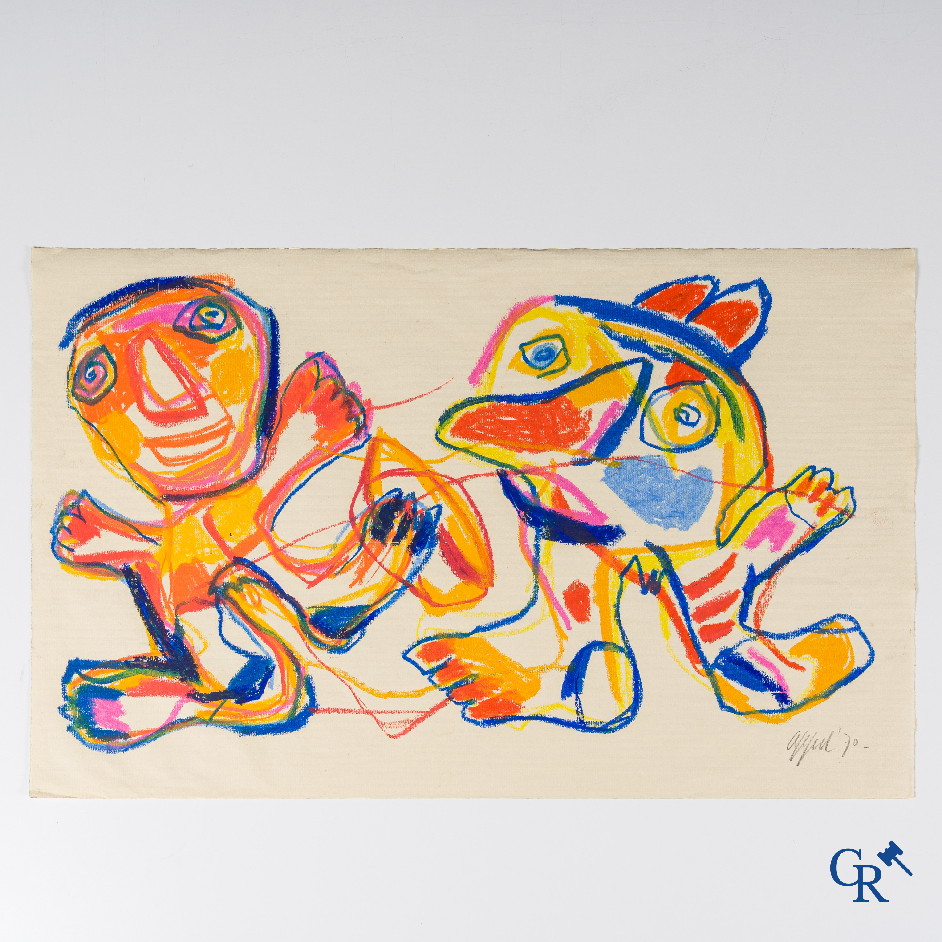 Karel Appel (1921-2006)(*) 2 Figures. Wasco (crayon de cire) sur papier. Signé en bas à droite Appel'70.