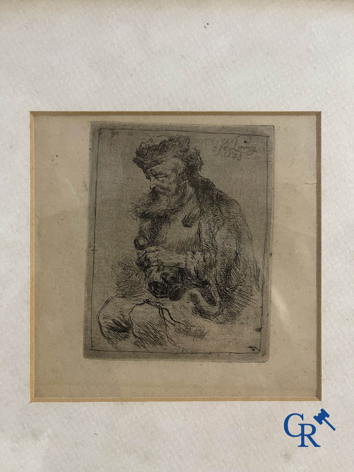 Interesting lot of 2 antique engravings, a sketch and an etching by W. Linnig.