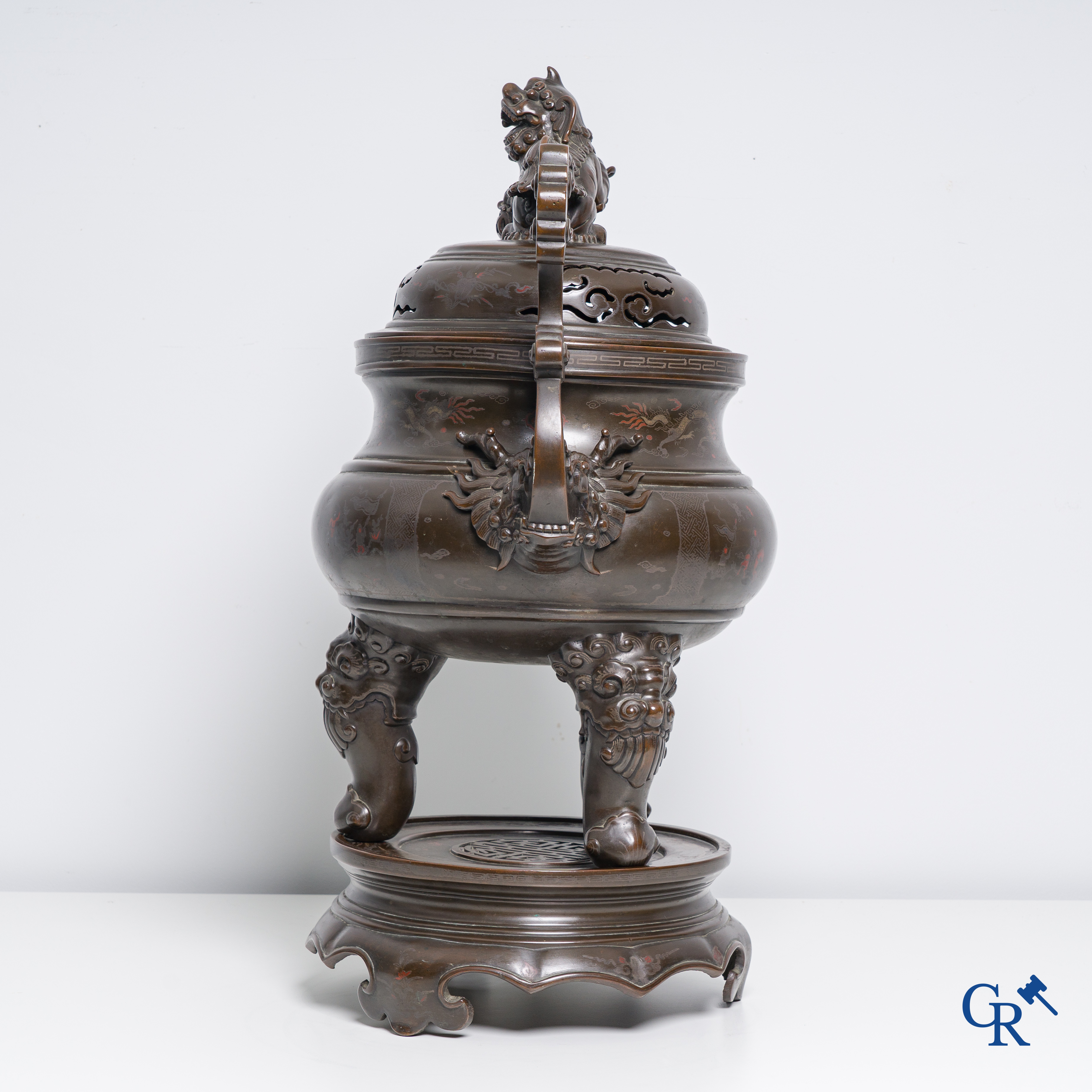 Asian Art: An impressive 3-piece Chinese bronze brûle perfume with silver and copper inlay for the Vietnamese market.