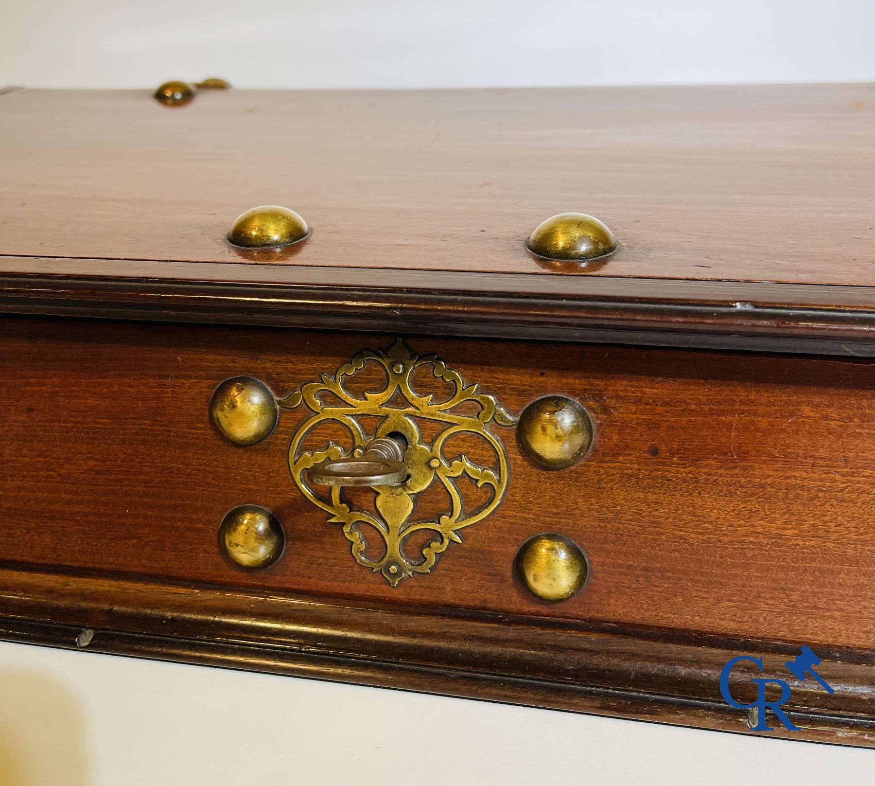 A large mahogany writing case with bronze fittings. Early 19th century.