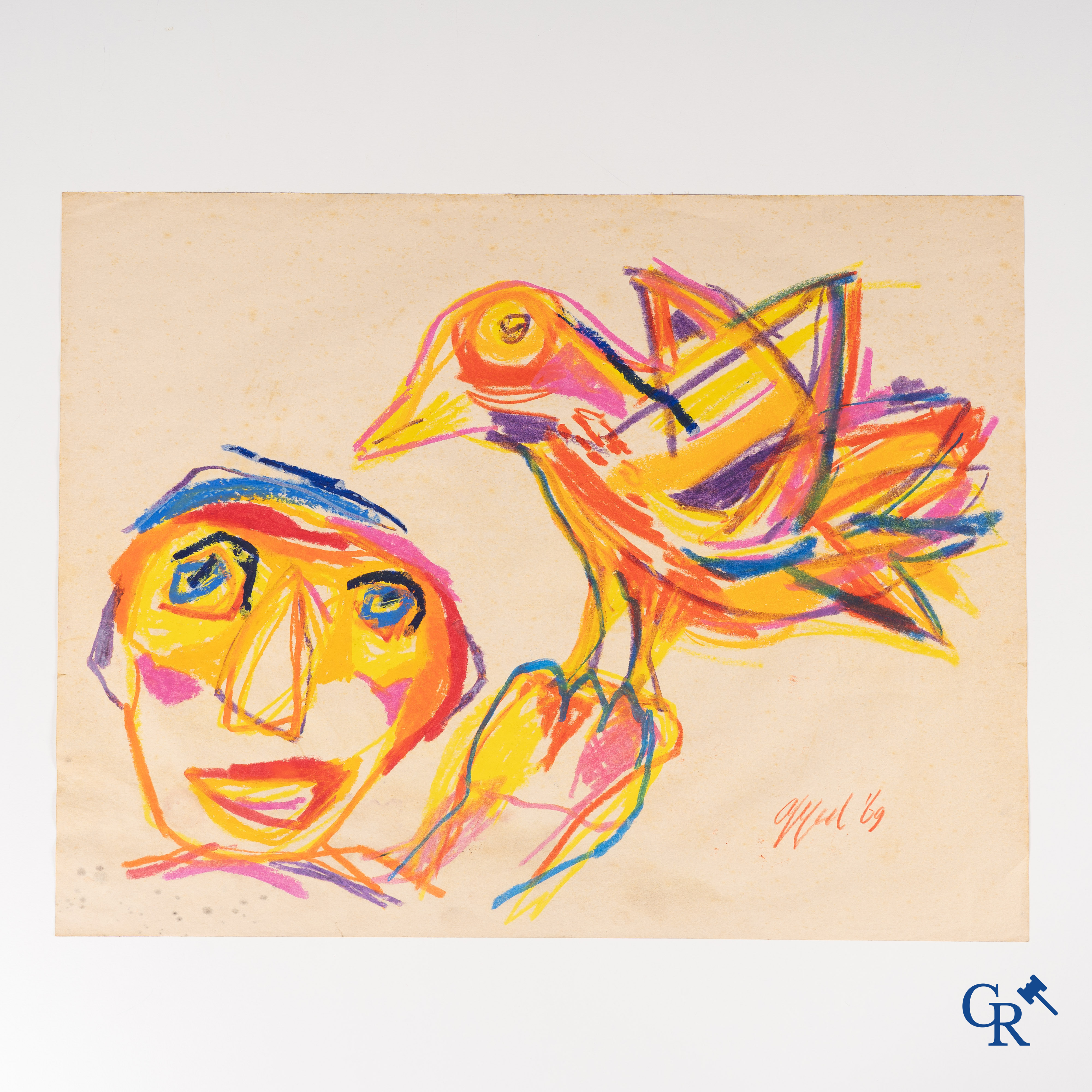 Karel Appel (1921-2006)(*) Oiseau et figure. Wasco (crayon de cire) sur papier. Signé en bas à droite Appel'69.