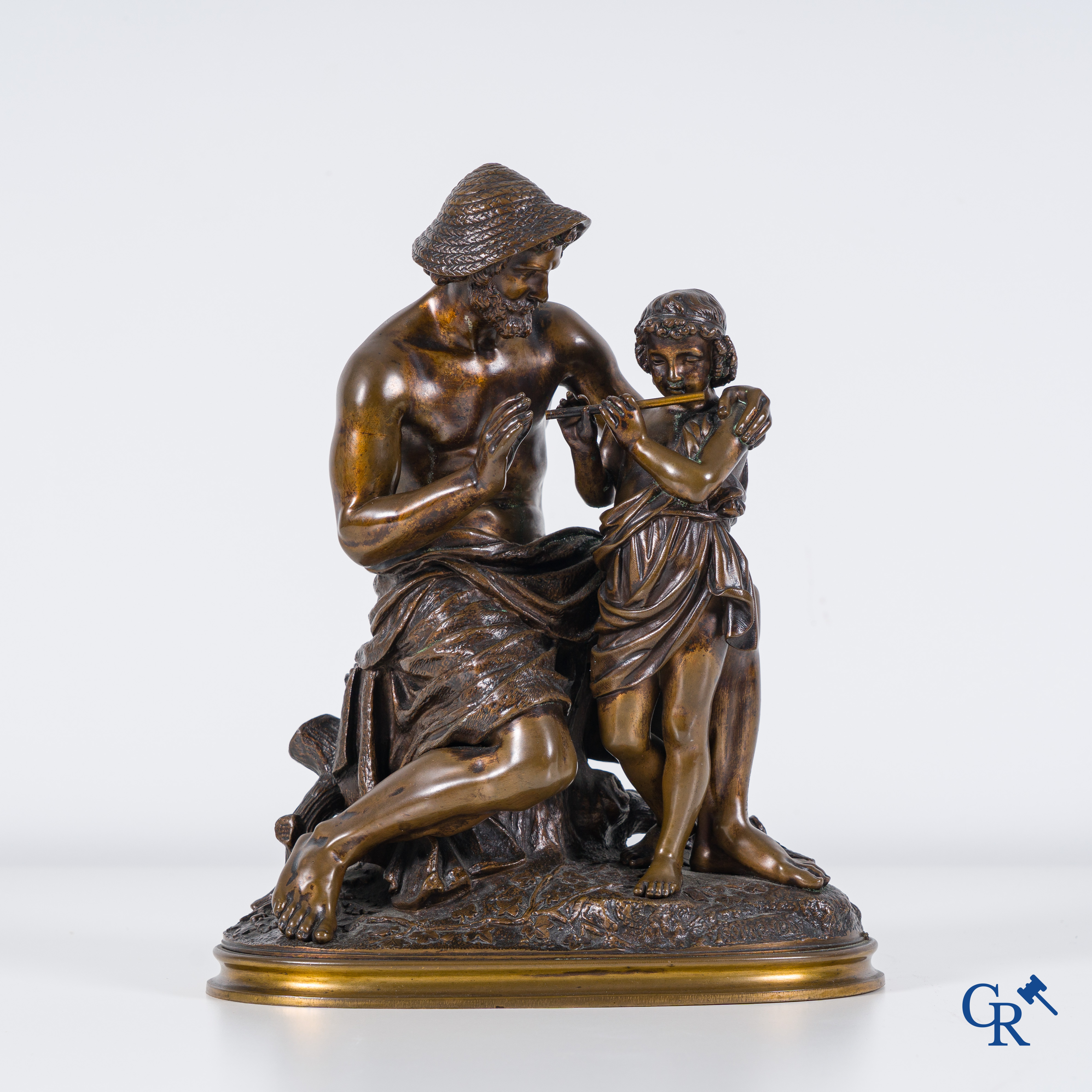 Théodore Coinchon: bronze statue of shepherd with child. Signed and marked with foundry stamp Susse fondeur.