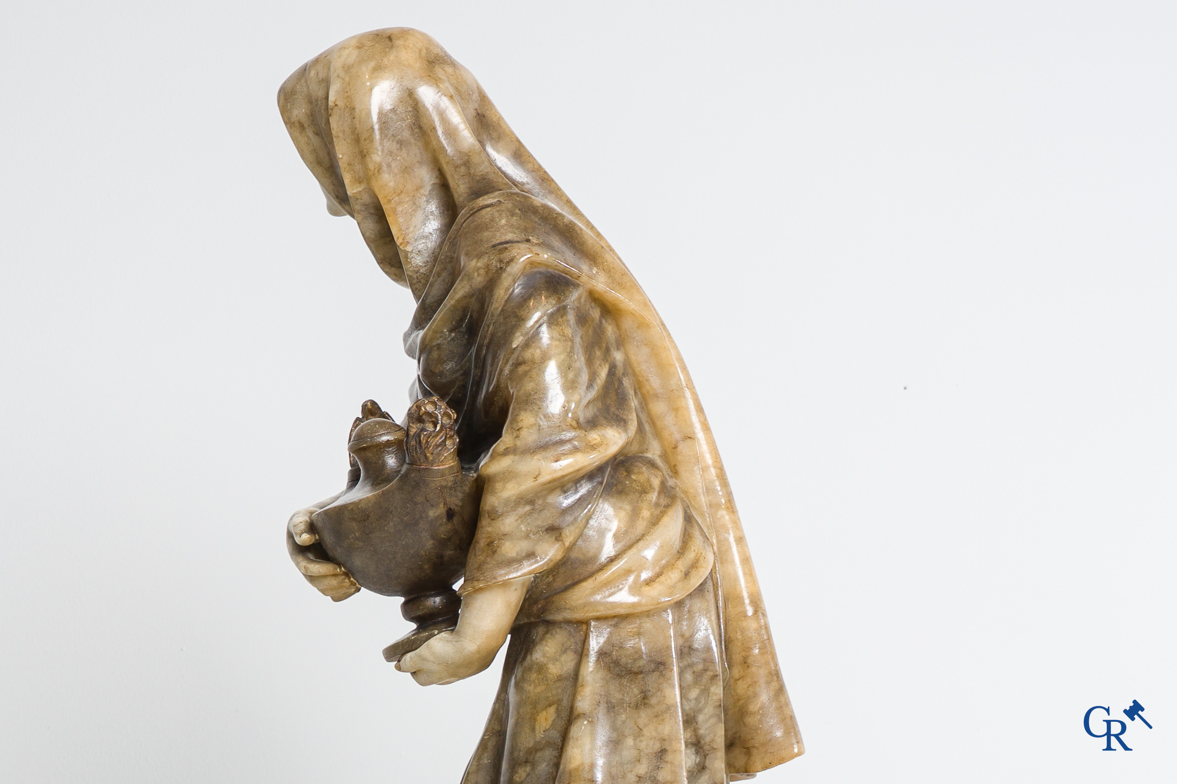 A. Del Perugia. Large statue of a Vestal Virgin in multicolored alabaster. Italian work circa 1900.