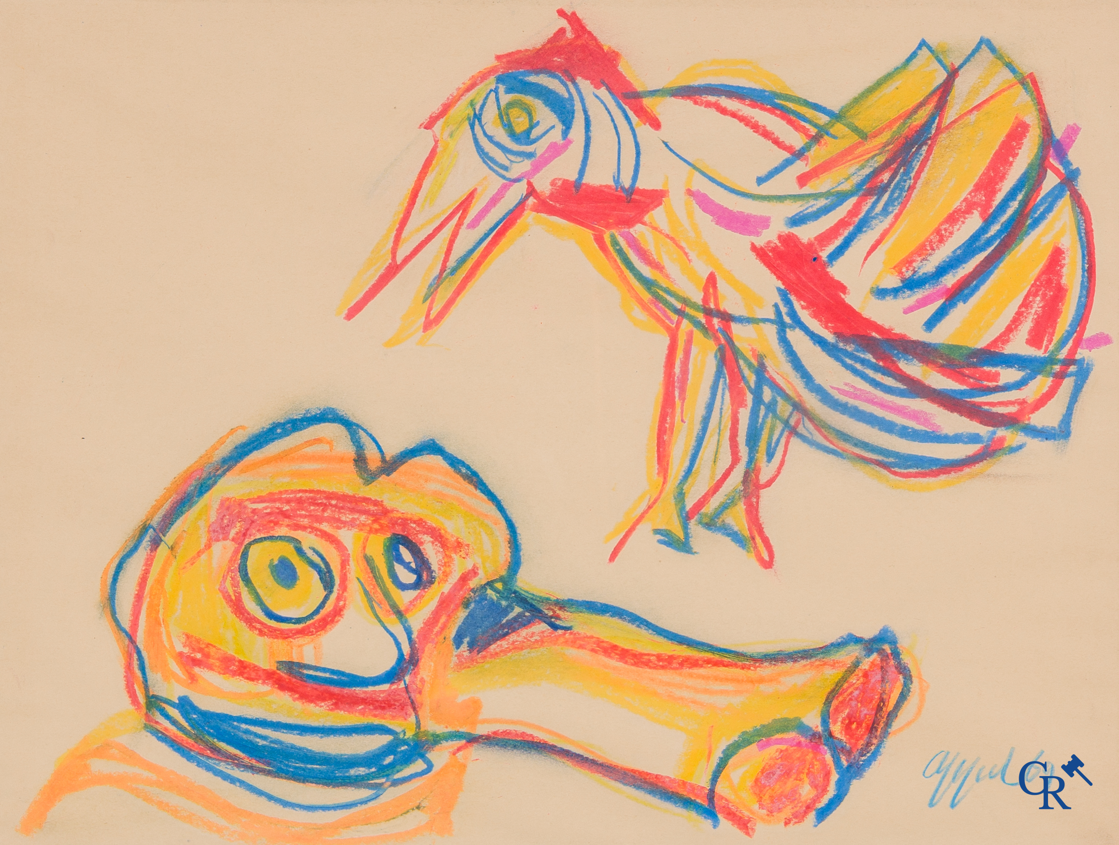 Karel Appel (1921-2006)(*) Oiseau et figure. Wasco (crayon de cire) sur papier. Signé en bas à droite Appel 69.