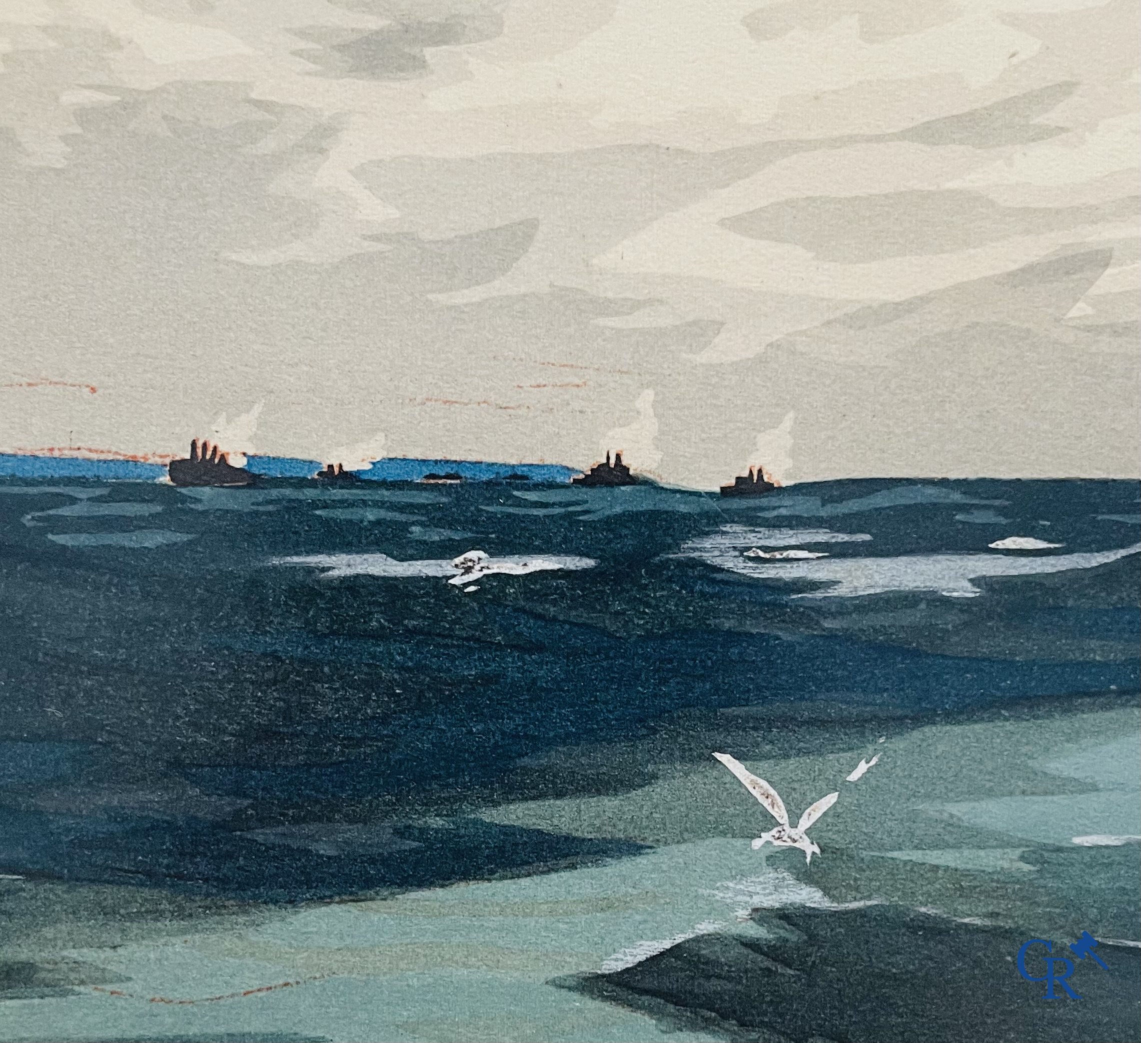 Ernest Montaut. Bleriot traversant la Manche. Kleuren lithografie,  Montaut Mabileau, copyright 1909.