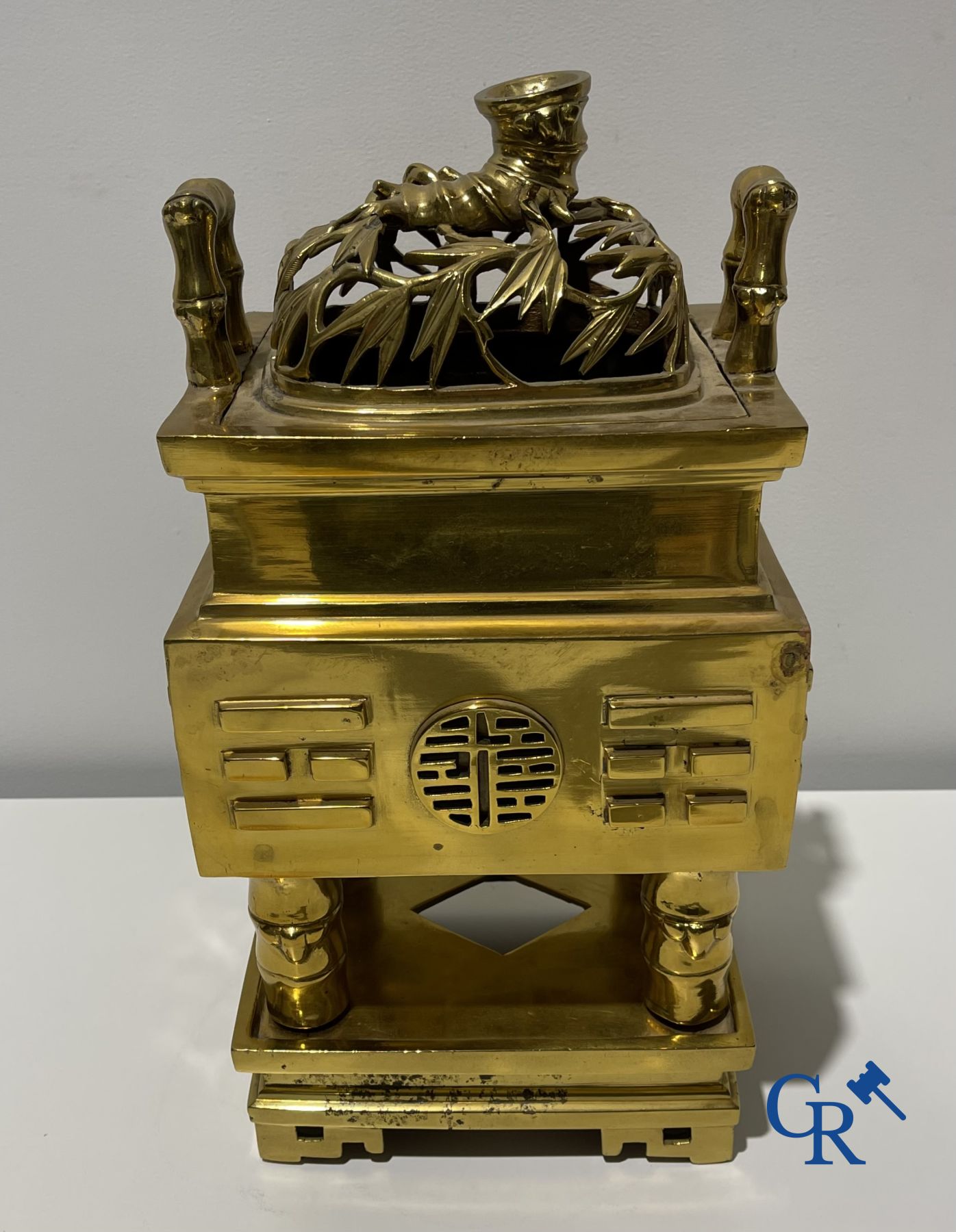 Asian Art: A 19th century Chinese bronze incense burner. Marked.