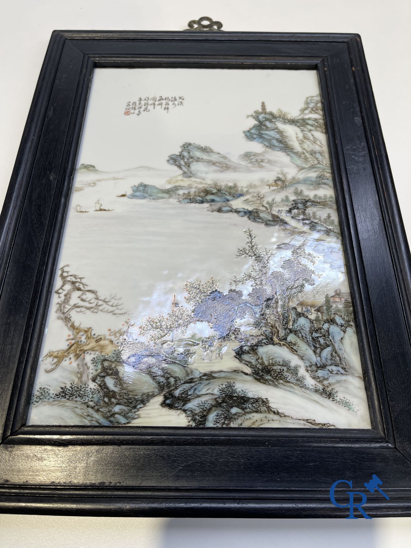 Chinese porcelain: A Chinese qianjiang cai porcelain painting in frame.