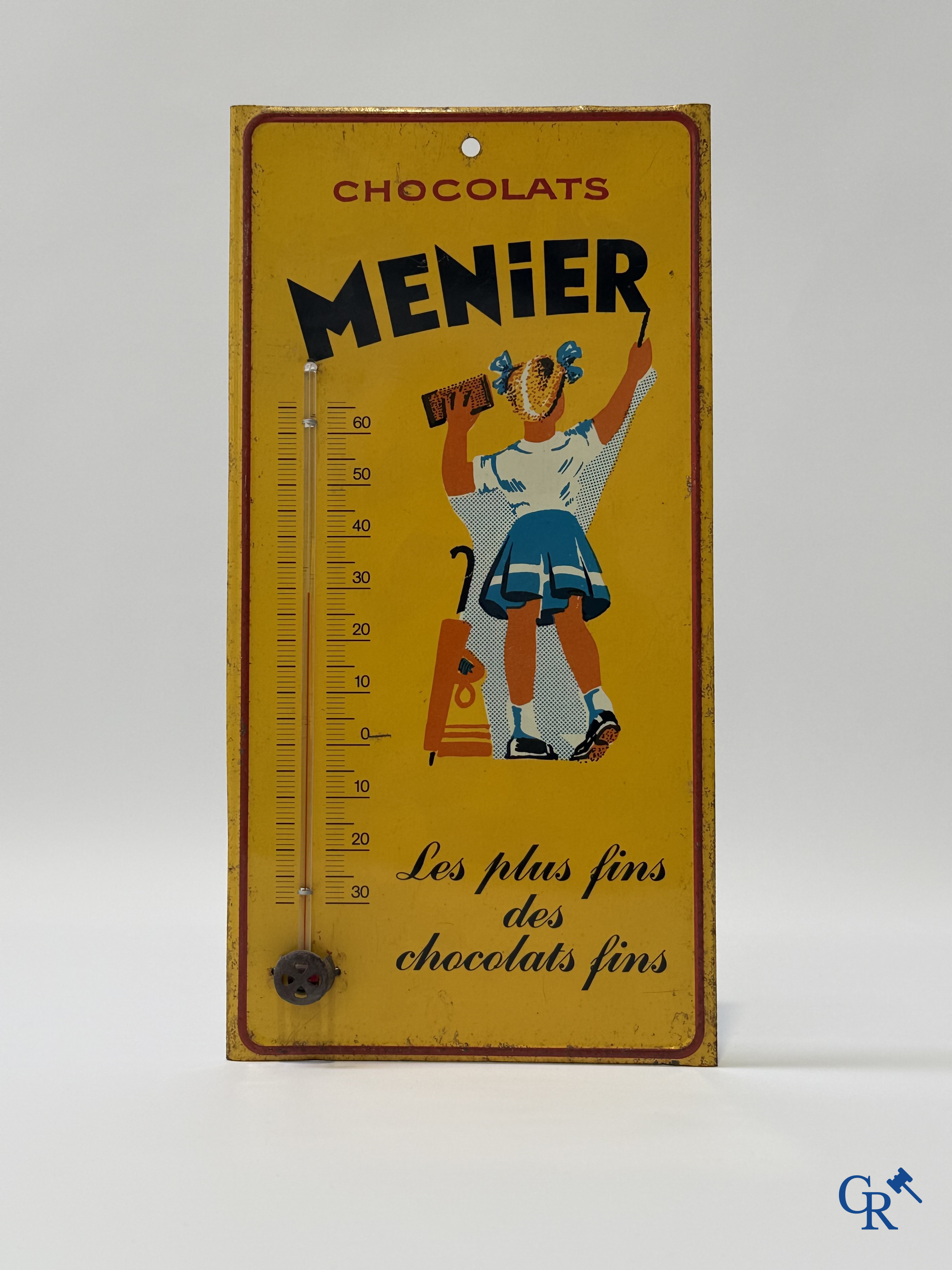Menier, "Les plus fins des chocolats fins" publiciteits thermometer gedrukt op metaal. Waarschijnlijk 60'er jaren.